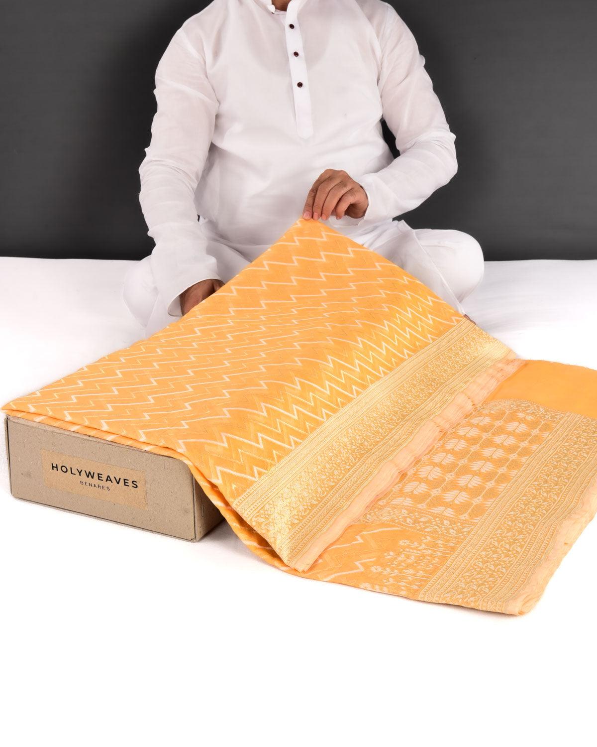 Orange Banarasi Gold Zari & White Resham Serrated Hills Cutwork Brocade Woven Art Cotton Silk Saree - By HolyWeaves, Benares