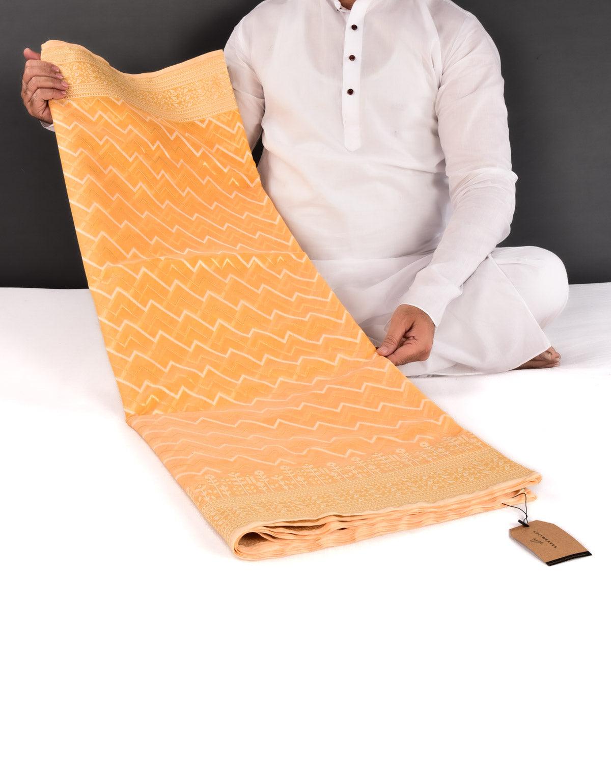 Orange Banarasi Gold Zari & White Resham Serrated Hills Cutwork Brocade Woven Art Cotton Silk Saree - By HolyWeaves, Benares