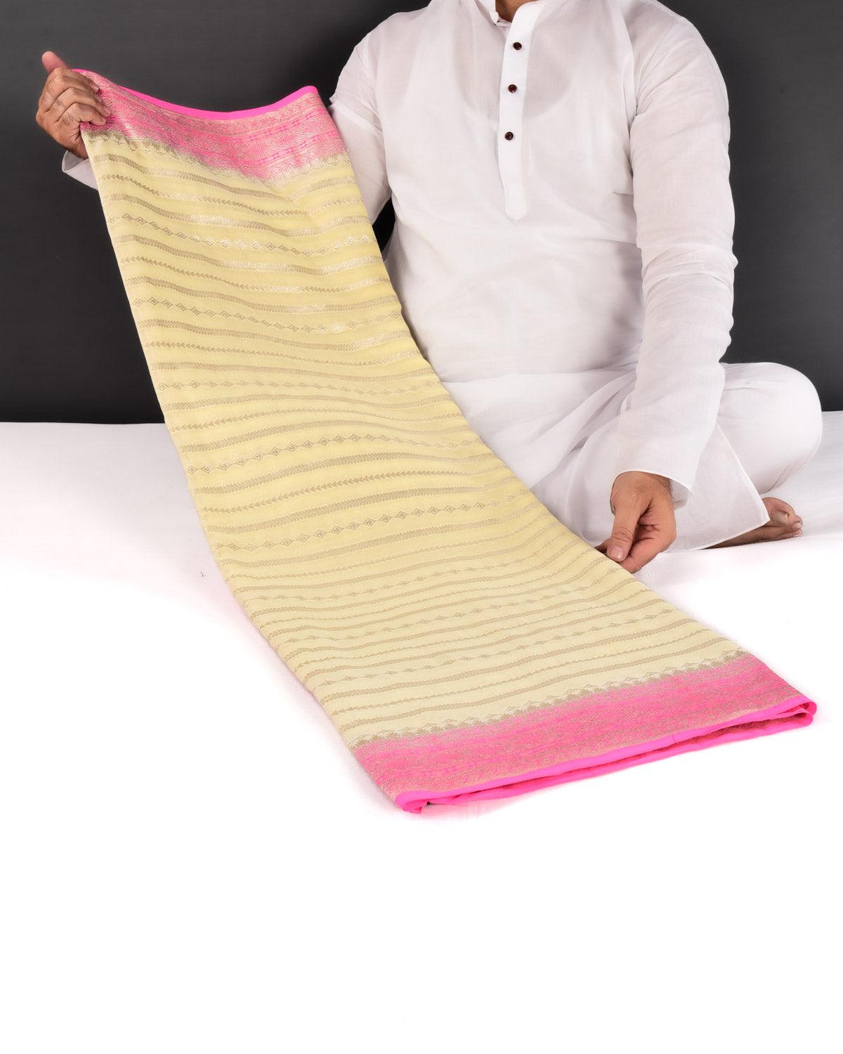 Mellow Yellow Banarasi Horizontal Stripes Cutwork Brocade Handwoven Khaddi Georgette Saree with Contrast Pink Border Pallu - By HolyWeaves, Benares