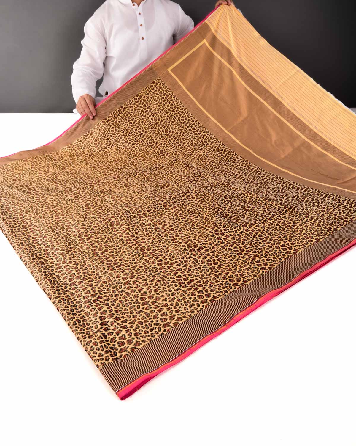 Mustard Yellow Banarasi Leopard Stripes Alfi Resham Brocade Handwoven Katan Silk Saree - By HolyWeaves, Benares