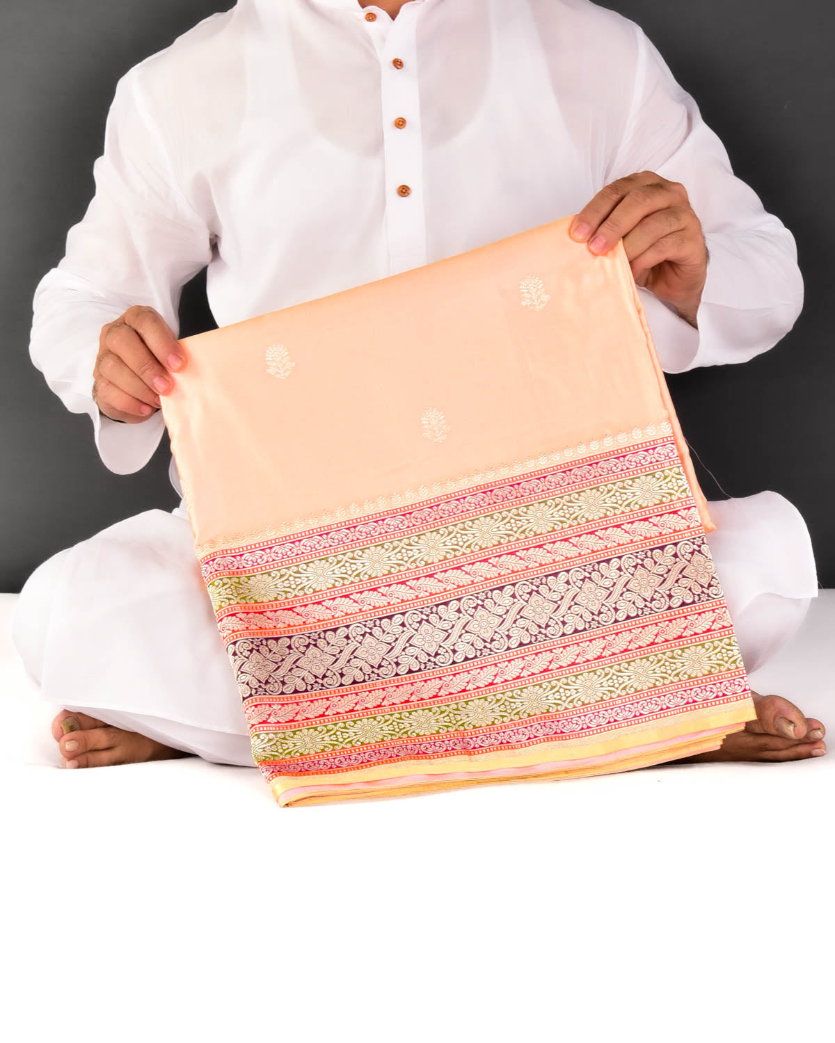 Peach Banarasi Satin Zari Buti Kadhuan Brocade Handwoven Katan Silk Saree with Multi-color Border Pallu - By HolyWeaves, Benares