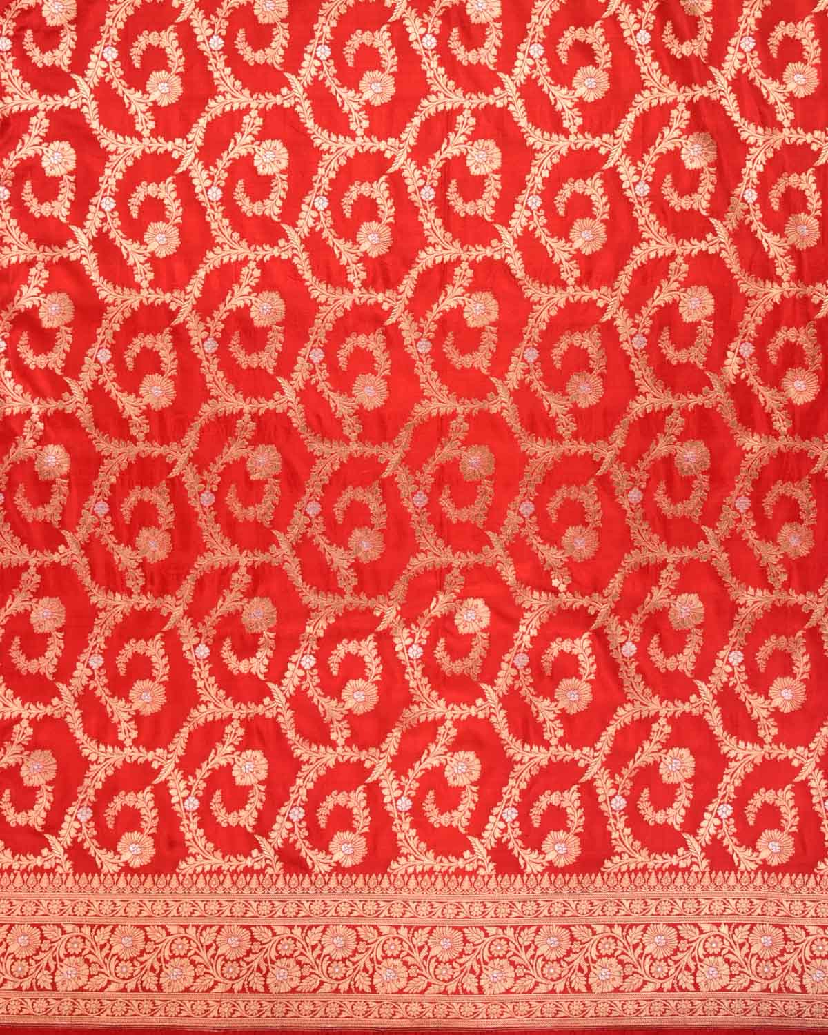 Red Banarasi Gold & Silver Zari Floral Jaal Cutwork Brocade Handwoven Katan Silk Saree - By HolyWeaves, Benares