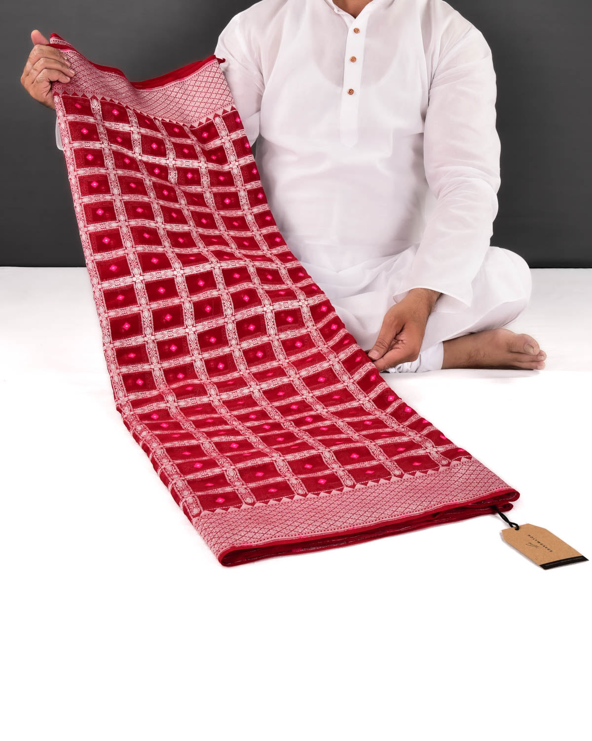 Red Banarasi Silver Zari Chequered Cutwork Brocade Handwoven Khaddi Georgette Saree with Pink Resham Buti - By HolyWeaves, Benares