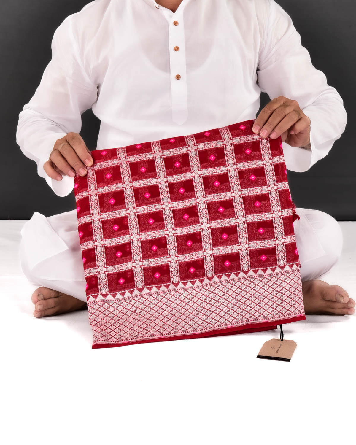 Red Banarasi Silver Zari Chequered Cutwork Brocade Handwoven Khaddi Georgette Saree with Pink Resham Buti - By HolyWeaves, Benares