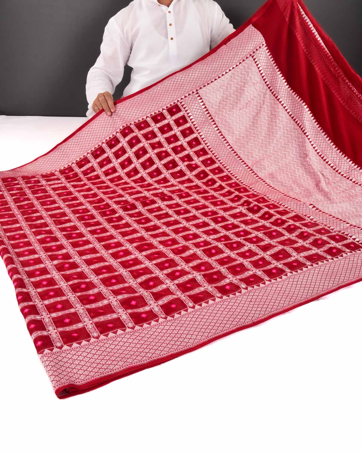 Red Banarasi Silver Zari Chequered Cutwork Brocade Handwoven Khaddi Georgette Saree with Pink Resham Buti - By HolyWeaves, Benares