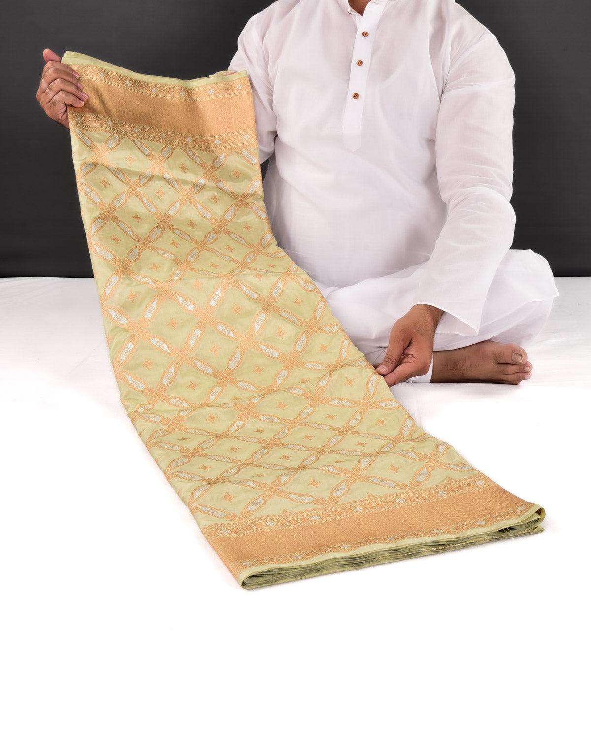 Laurel Green Banarasi Gold & Silver Zari Paisley Grids Cutwork Brocade Handwoven Katan Silk Saree - By HolyWeaves, Benares