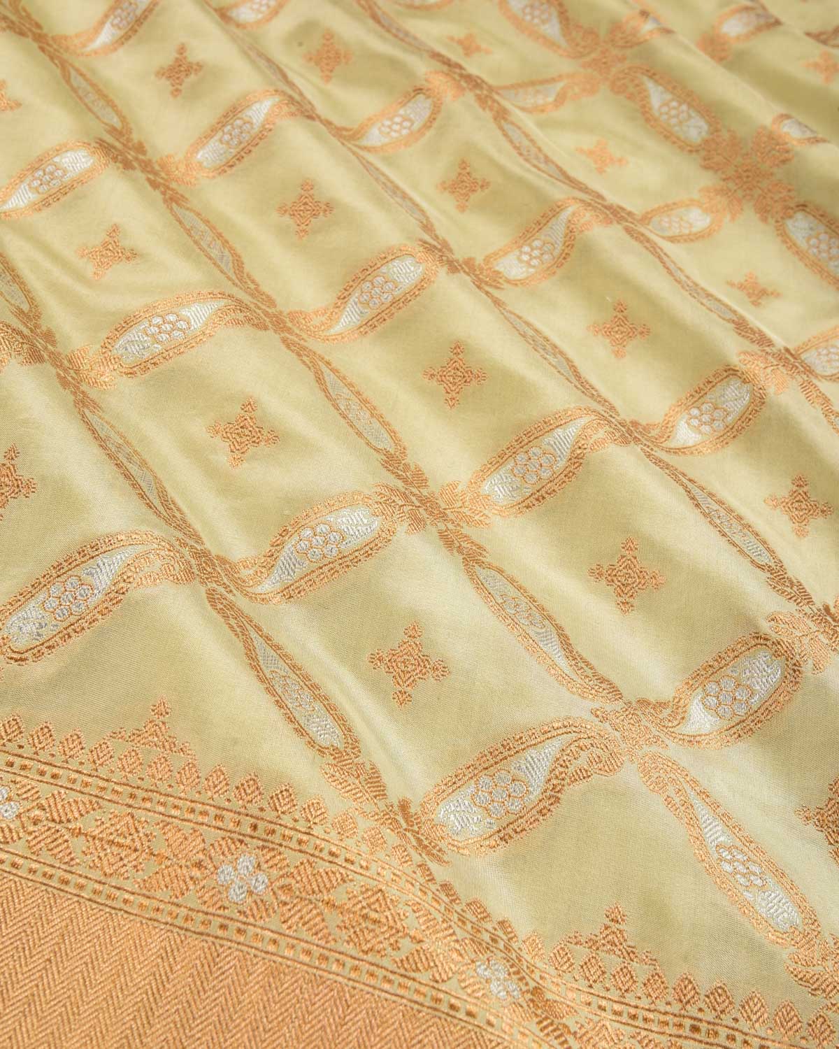 Laurel Green Banarasi Gold & Silver Zari Paisley Grids Cutwork Brocade Handwoven Katan Silk Saree - By HolyWeaves, Benares