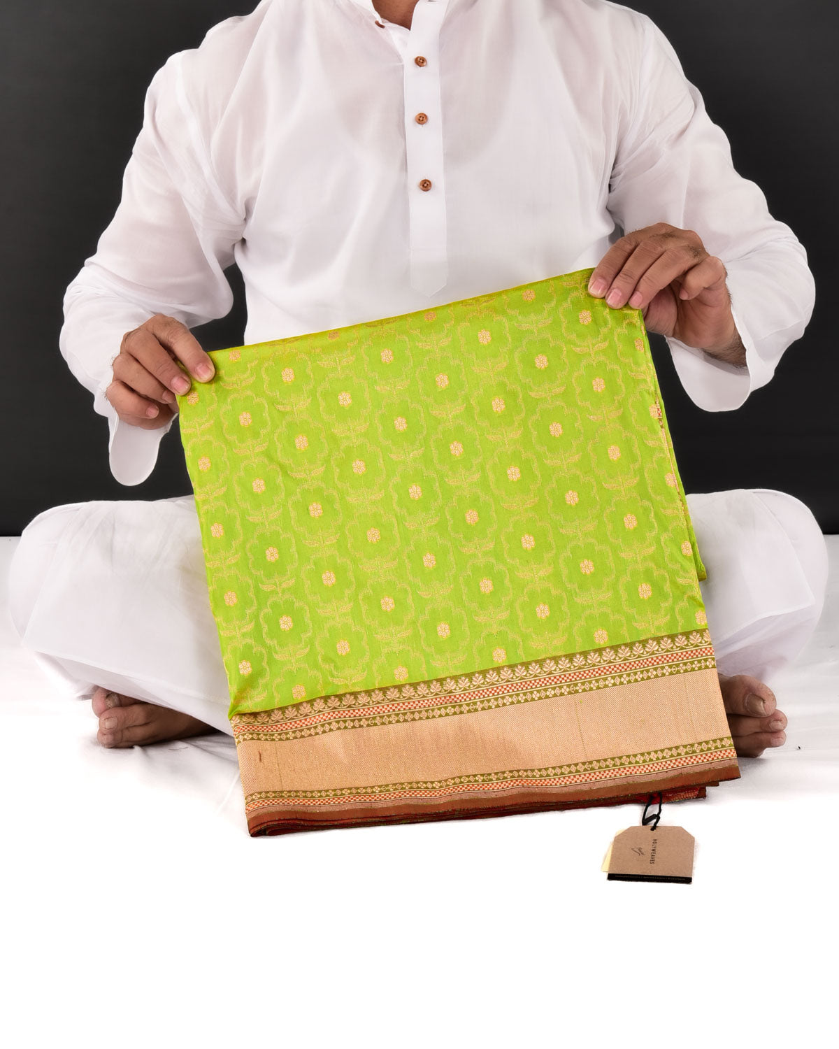 Green Banarasi Gold Zari Floral Buta Cutwork Brocade Handwoven Katan Silk Saree - By HolyWeaves, Benares