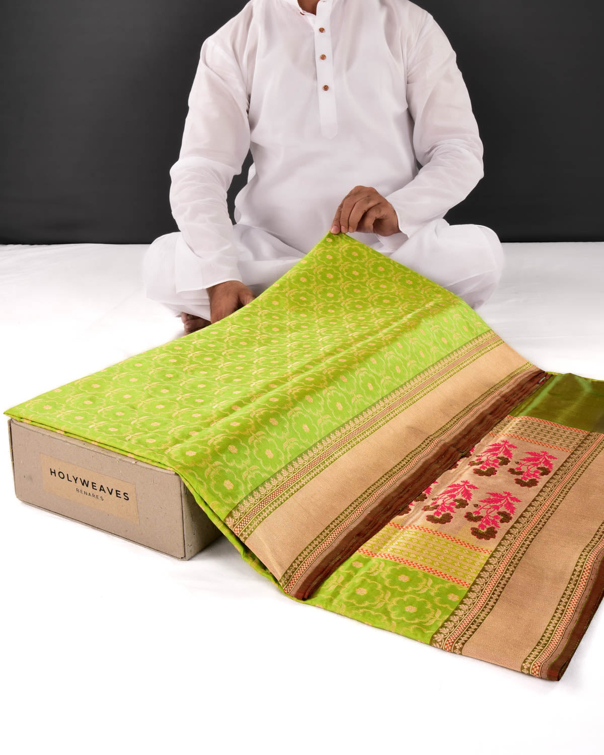 Green Banarasi Gold Zari Floral Buta Cutwork Brocade Handwoven Katan Silk Saree - By HolyWeaves, Benares