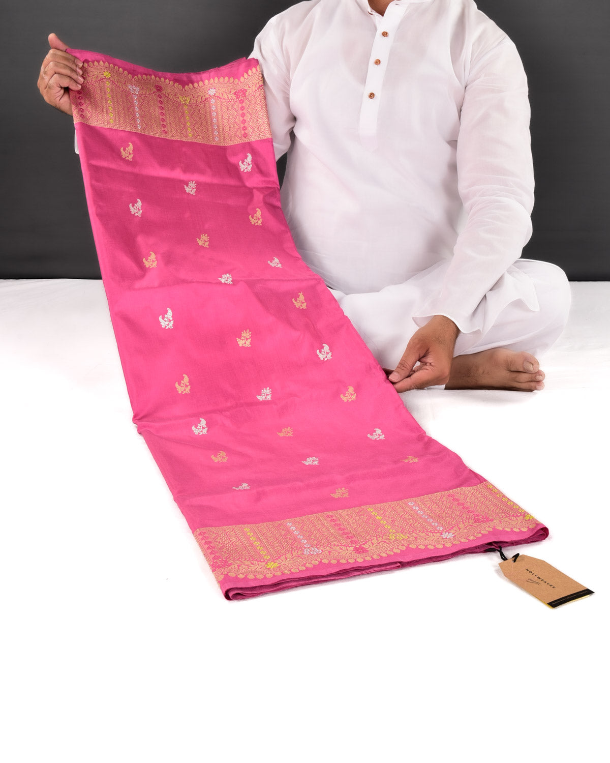 Pink Banarasi Gold & Silver Zari Buti Kadhuan Brocade Handwoven Katan Silk Saree with Scallop Meenekari Border - By HolyWeaves, Benares