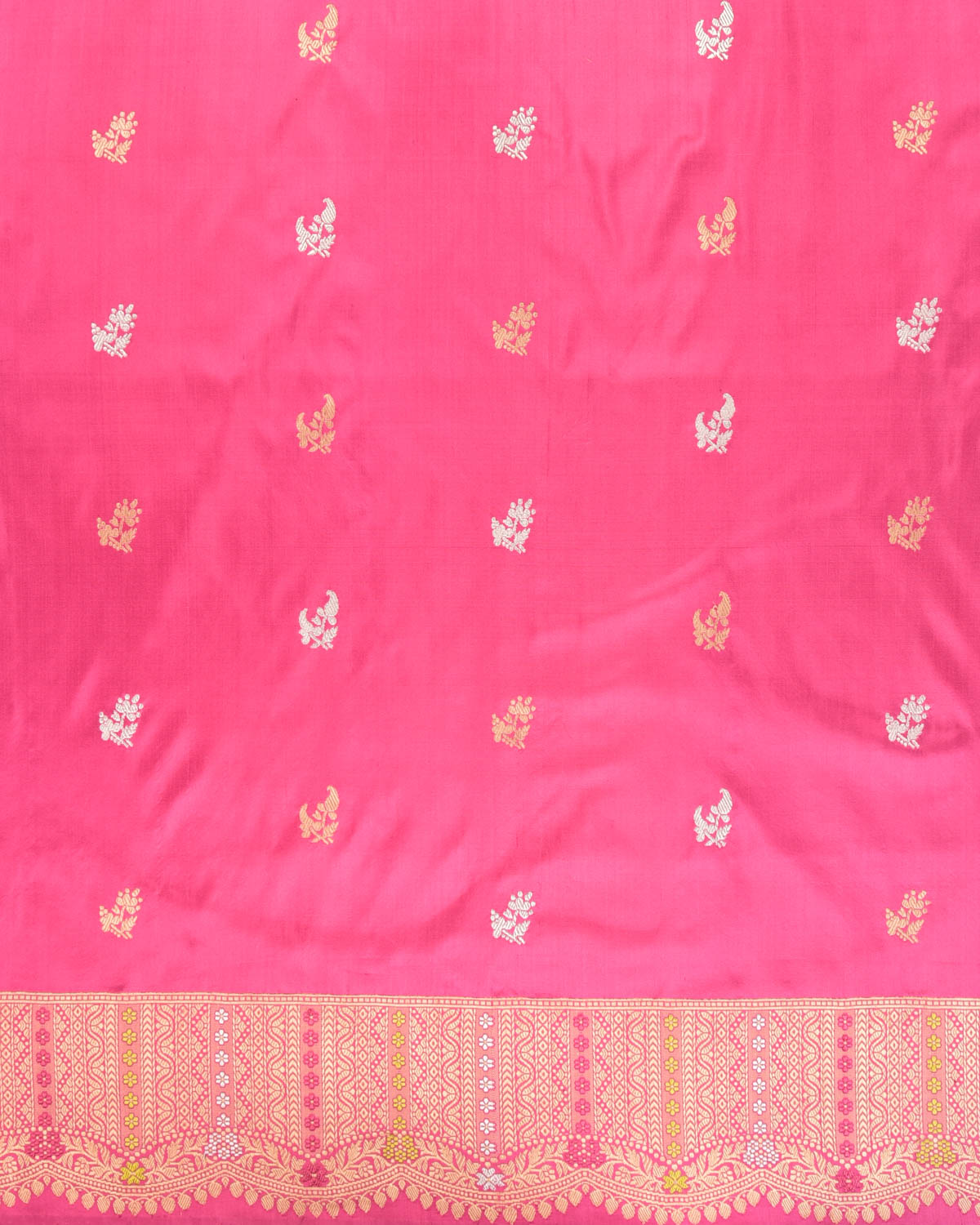 Pink Banarasi Gold & Silver Zari Buti Kadhuan Brocade Handwoven Katan Silk Saree with Scallop Meenekari Border - By HolyWeaves, Benares