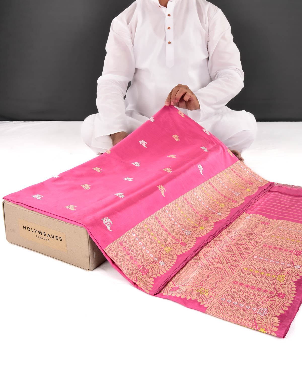 Pink Banarasi Gold & Silver Zari Buti Kadhuan Brocade Handwoven Katan Silk Saree with Scallop Meenekari Border - By HolyWeaves, Benares