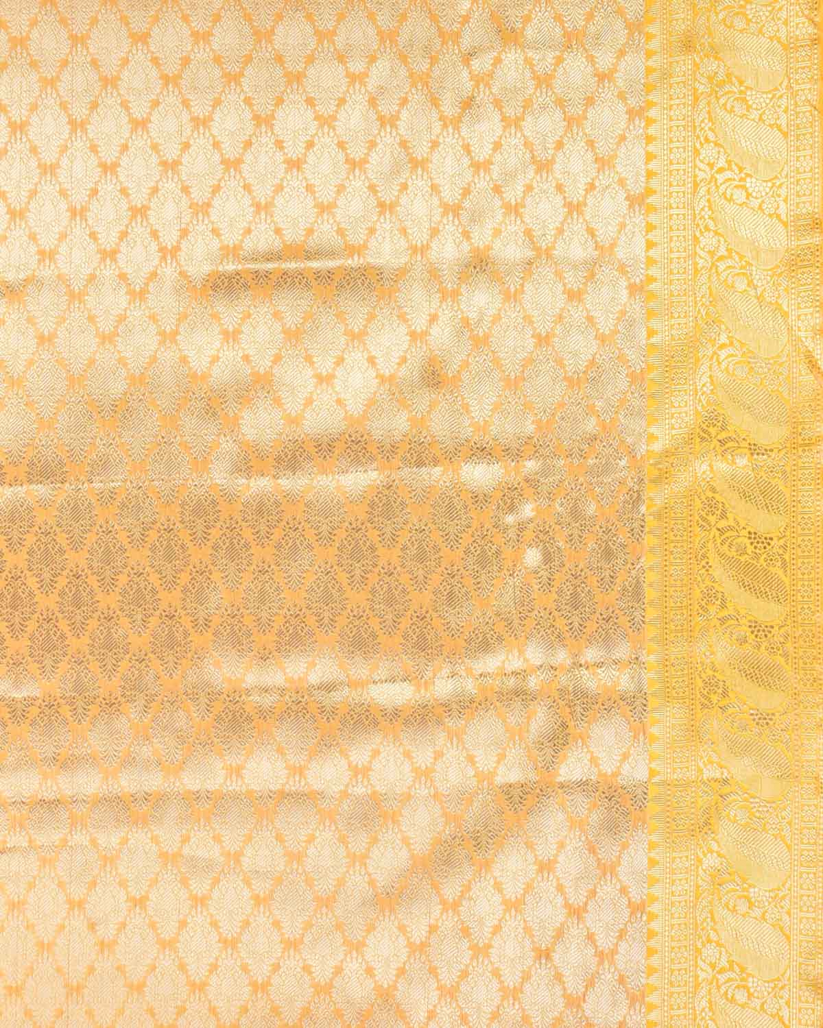 Sunny Blue Banarasi Gold Zari Leaf Buta Cutwork Brocade Woven Art Cotton Silk Saree With Contrast Border - By HolyWeaves, Benares