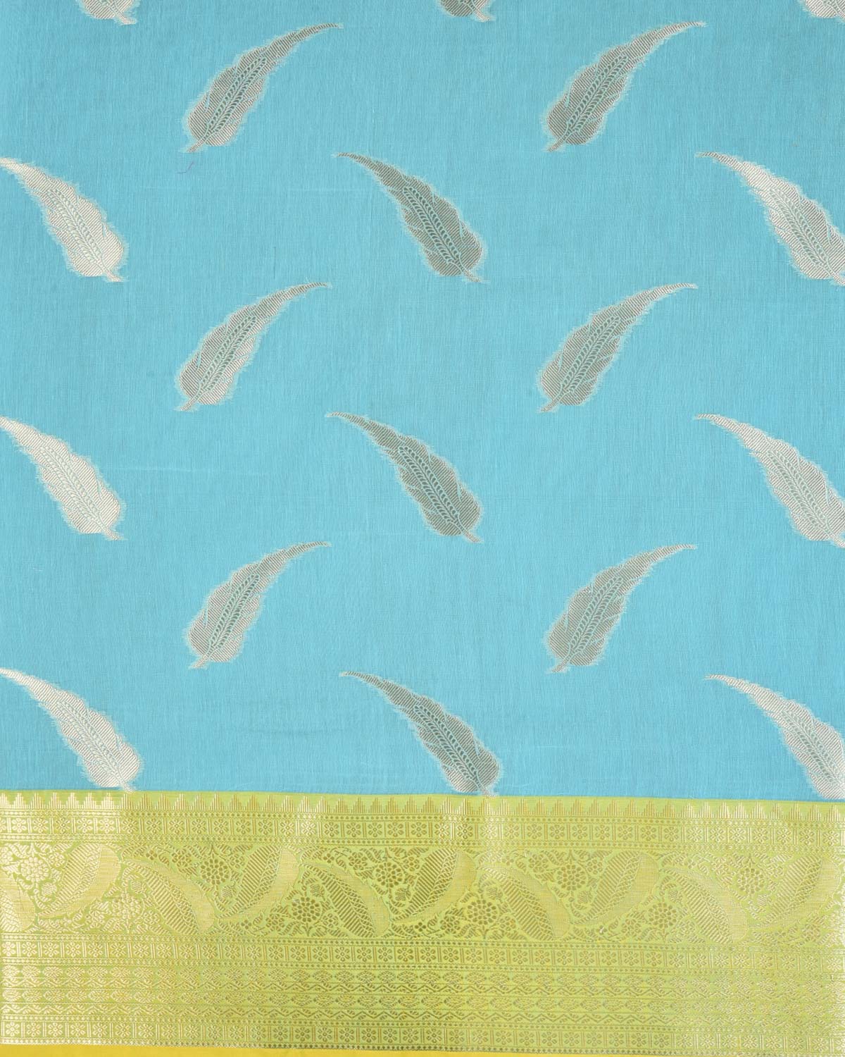 Sunny Blue Banarasi Gold Zari Leaf Buta Cutwork Brocade Woven Art Cotton Silk Saree With Contrast Border - By HolyWeaves, Benares