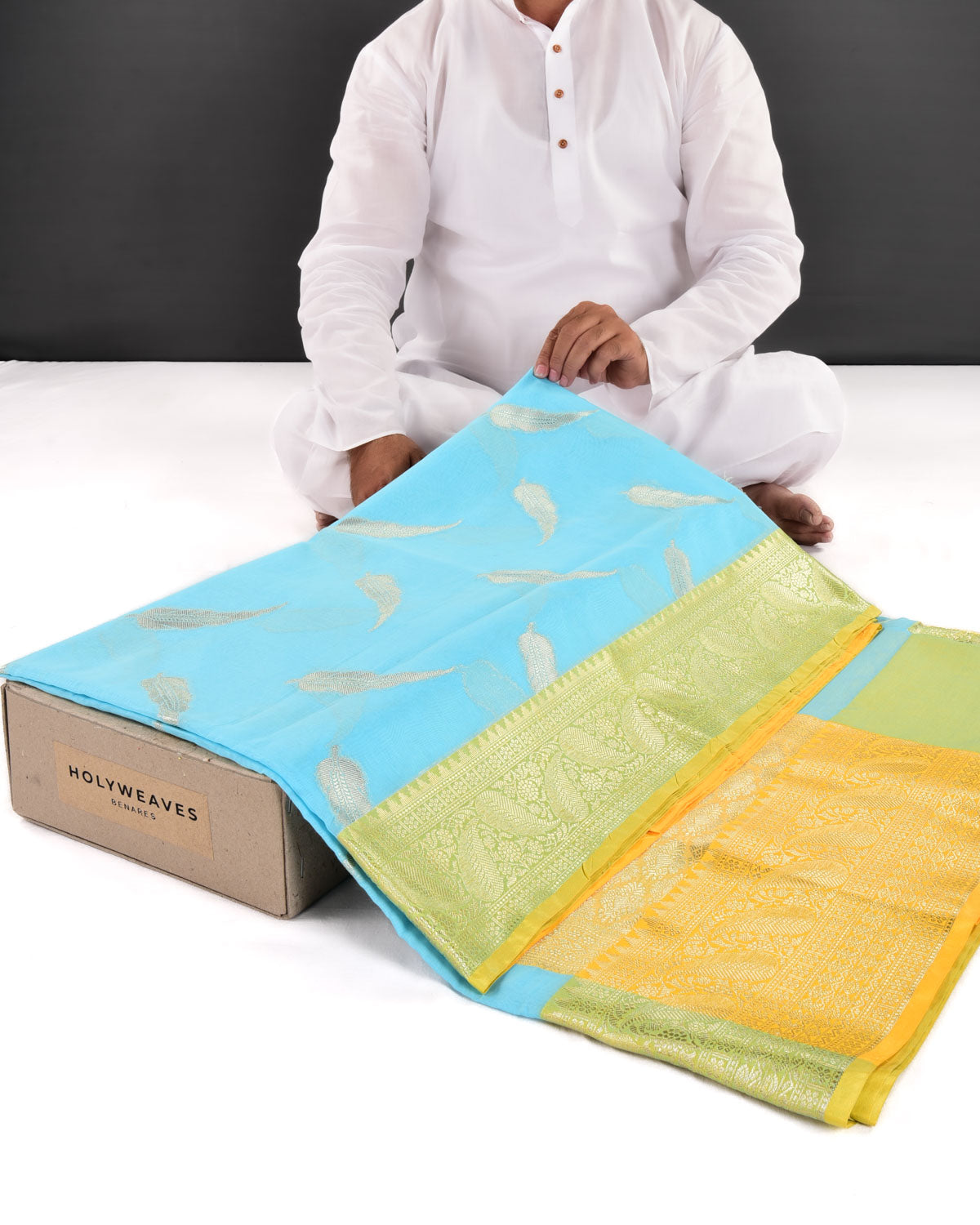 Sunny Blue Banarasi Gold Zari Leaf Buta Cutwork Brocade Woven Art Cotton Silk Saree With Contrast Border - By HolyWeaves, Benares