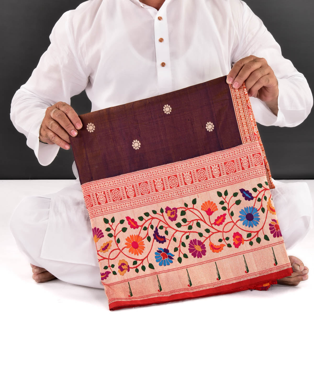 Shot Brown Banarasi Gold Zari Cutwork Brocade Handwoven Katan Silk Saree with Paithani Border Pallu - By HolyWeaves, Benares