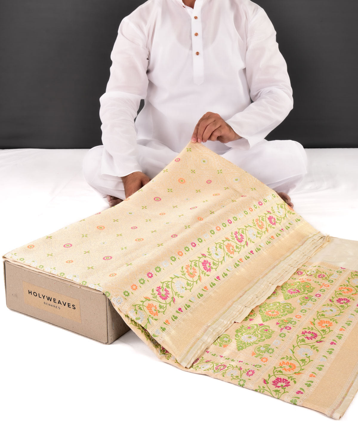 Cream Banarasi Gold Zari Damask Meenedar Cutwork Brocade Handwoven Katan Silk Saree - By HolyWeaves, Benares