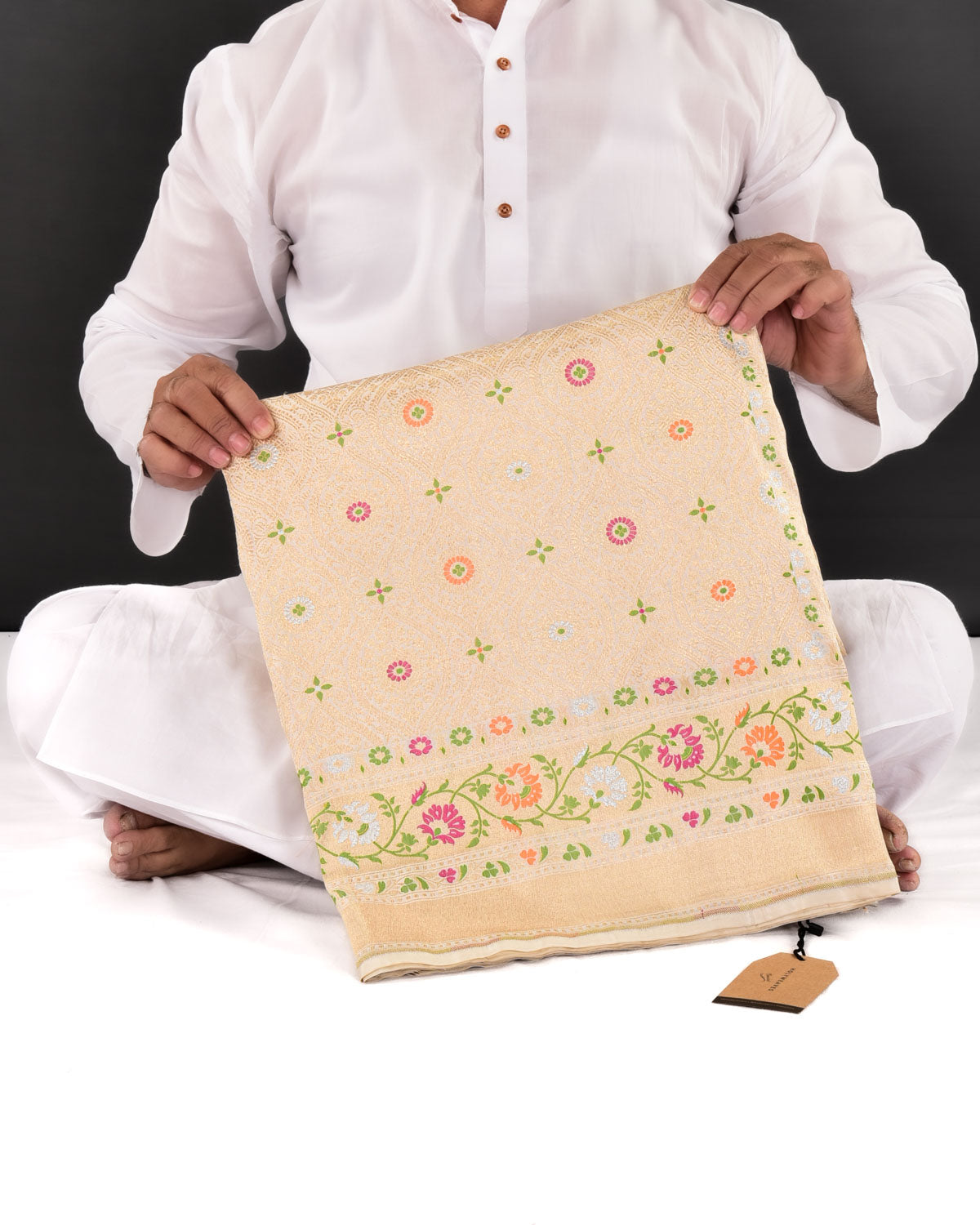 Cream Banarasi Gold Zari Damask Meenedar Cutwork Brocade Handwoven Katan Silk Saree - By HolyWeaves, Benares