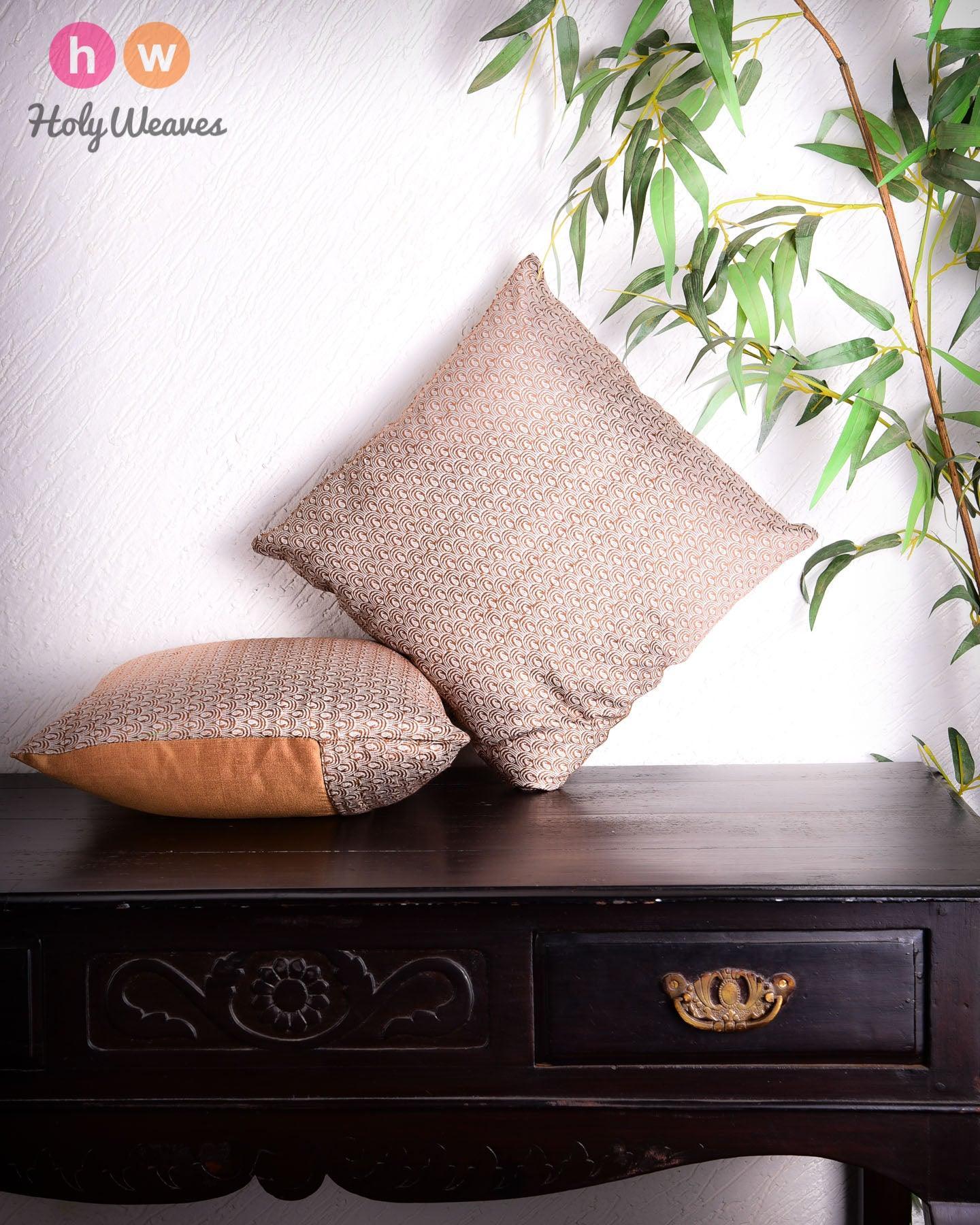 Beaver Brown Banarasi Jacquard Noile Silk Cushion Cover 16" - By HolyWeaves, Benares