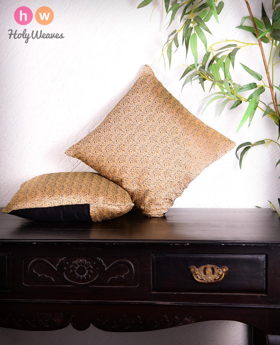 Beige Banarasi Alfi Tanchoi Poly Cotton Cushion Cover 16" - By HolyWeaves, Benares