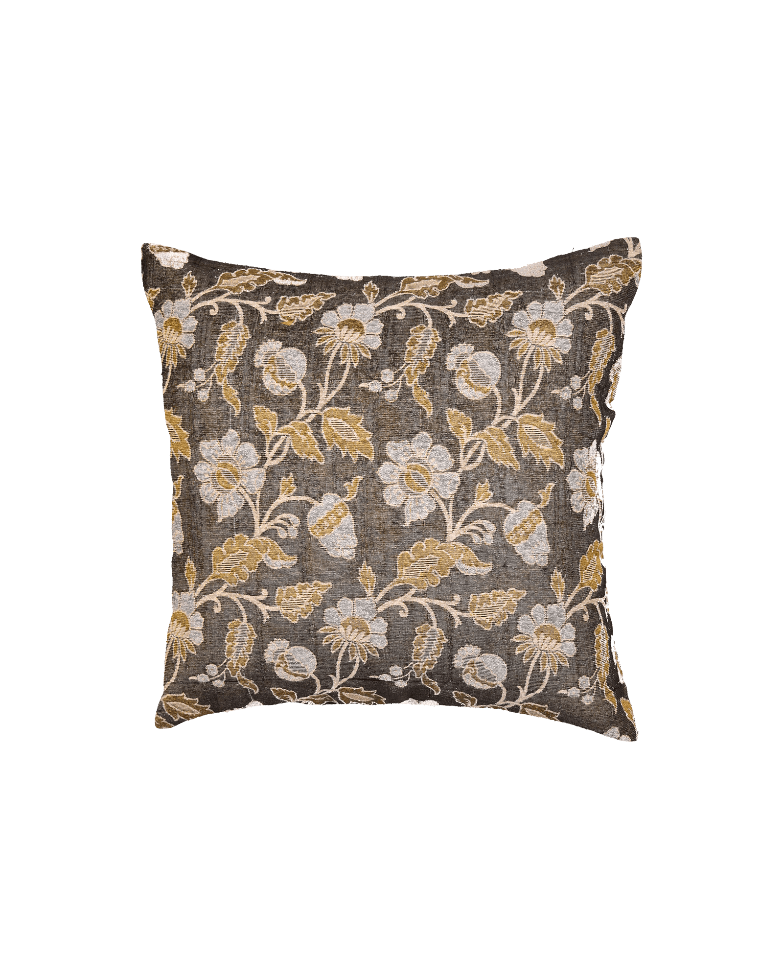 Beige Banarasi Basket Jaal Noile Silk Cushion Cover 16" - By HolyWeaves, Benares