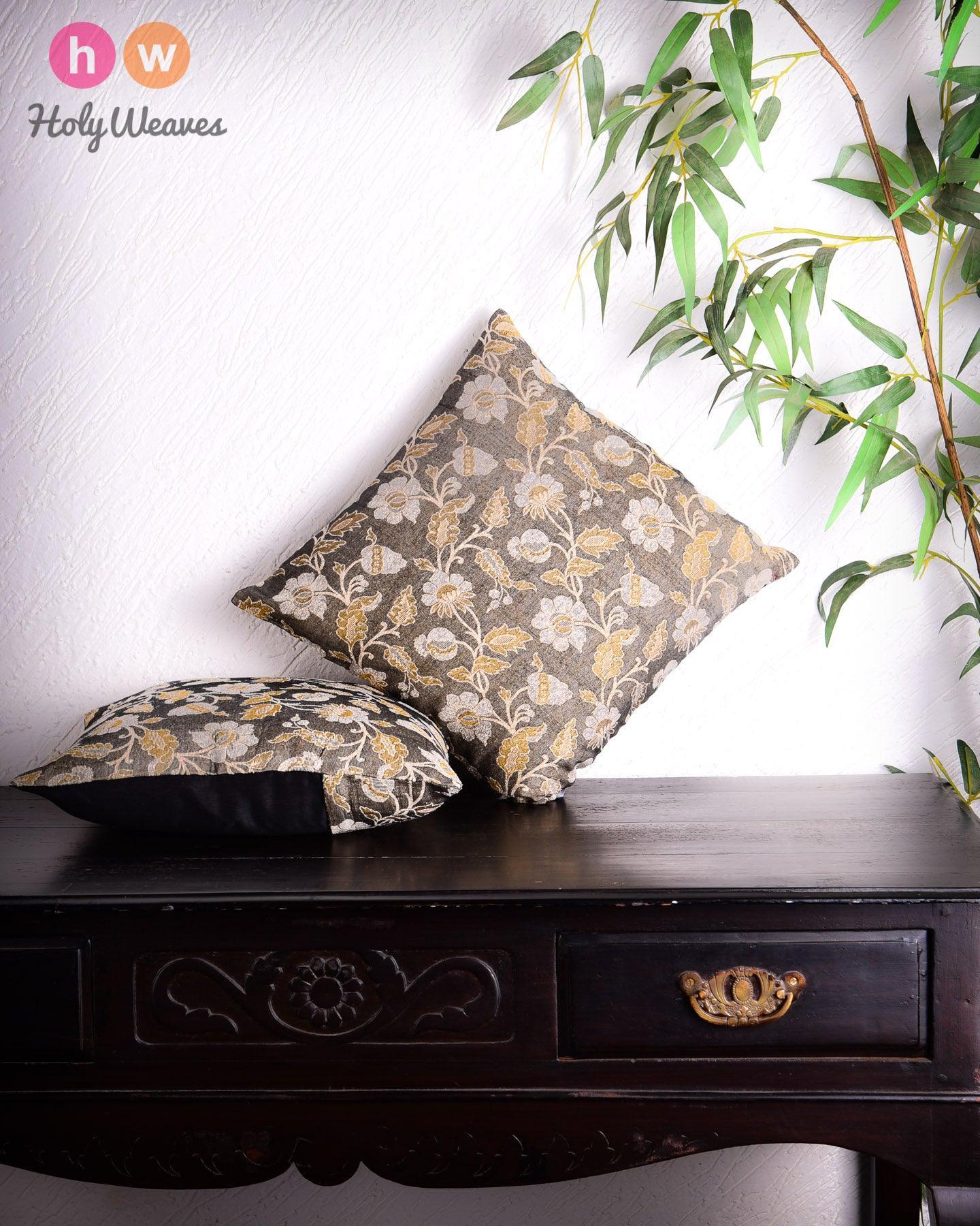 Beige Banarasi Basket Jaal Noile Silk Cushion Cover 16" - By HolyWeaves, Benares