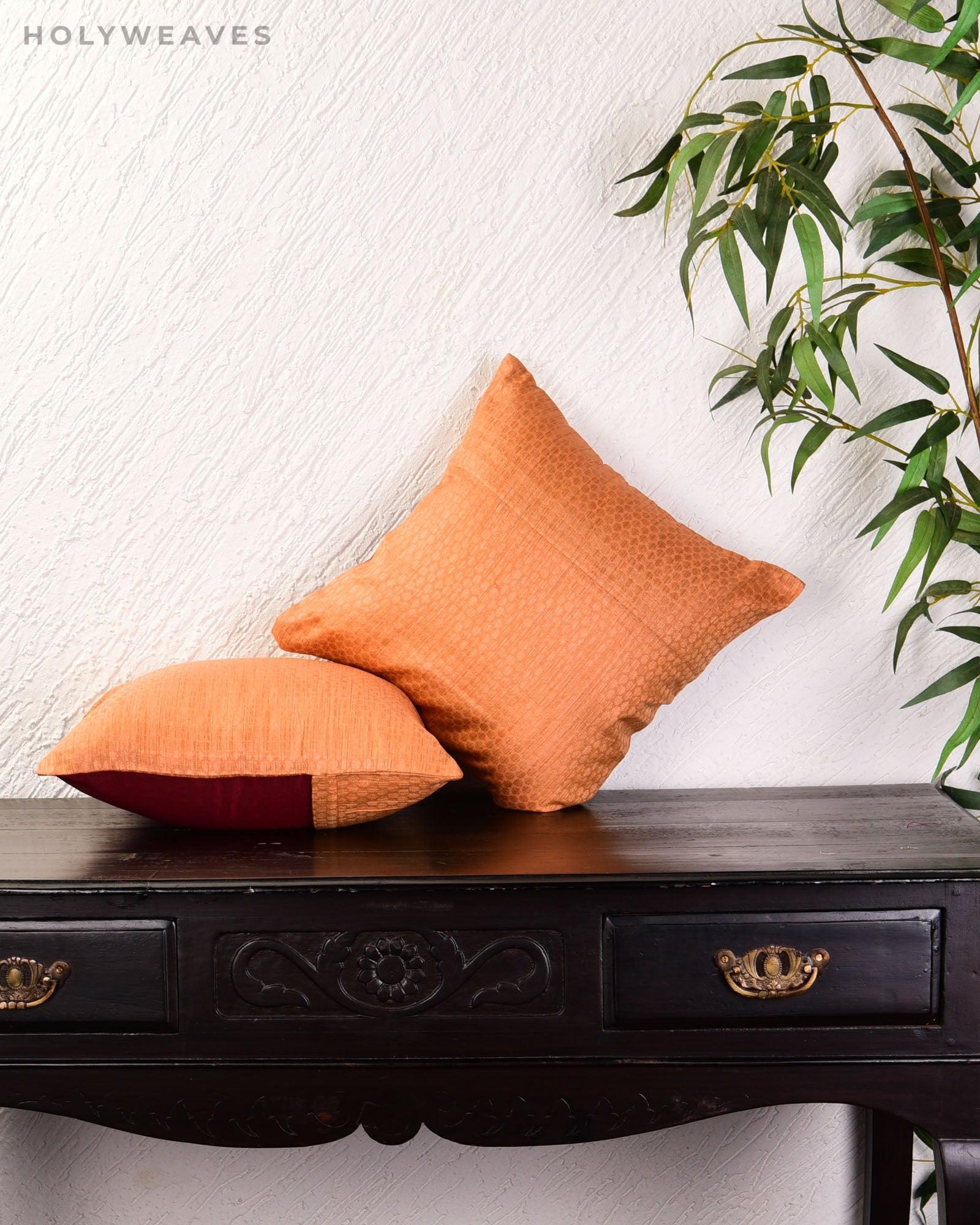 Beige Banarasi Brocade Poly Cotton Cushion Cover 16" - By HolyWeaves, Benares