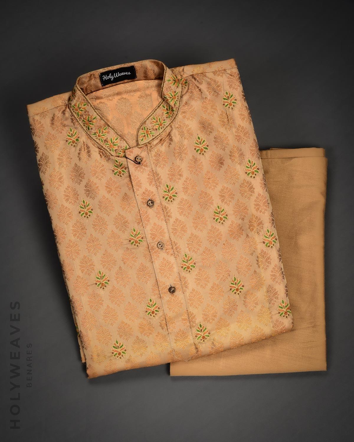 Beige Banarasi Hand-embroidered Art Silk Mens Kurta Pyjama - By HolyWeaves, Benares