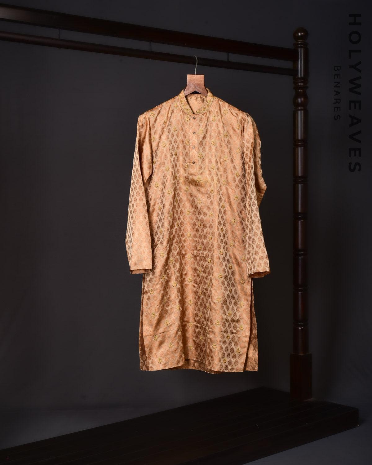 Beige Banarasi Hand-embroidered Art Silk Mens Kurta Pyjama - By HolyWeaves, Benares