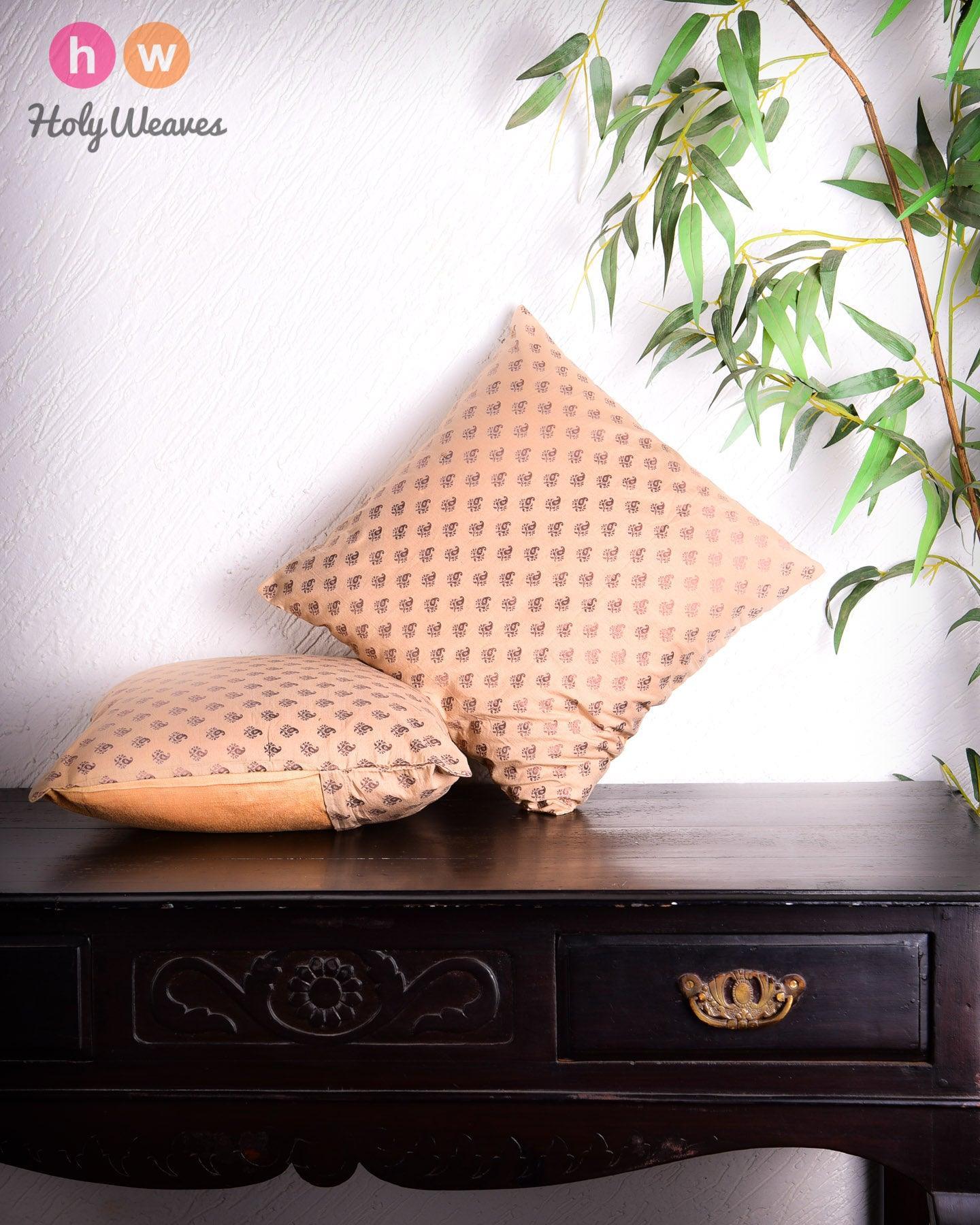 Beige Banarasi Handloom Zari Buti Cotton Silk Cushion Cover 16" - By HolyWeaves, Benares