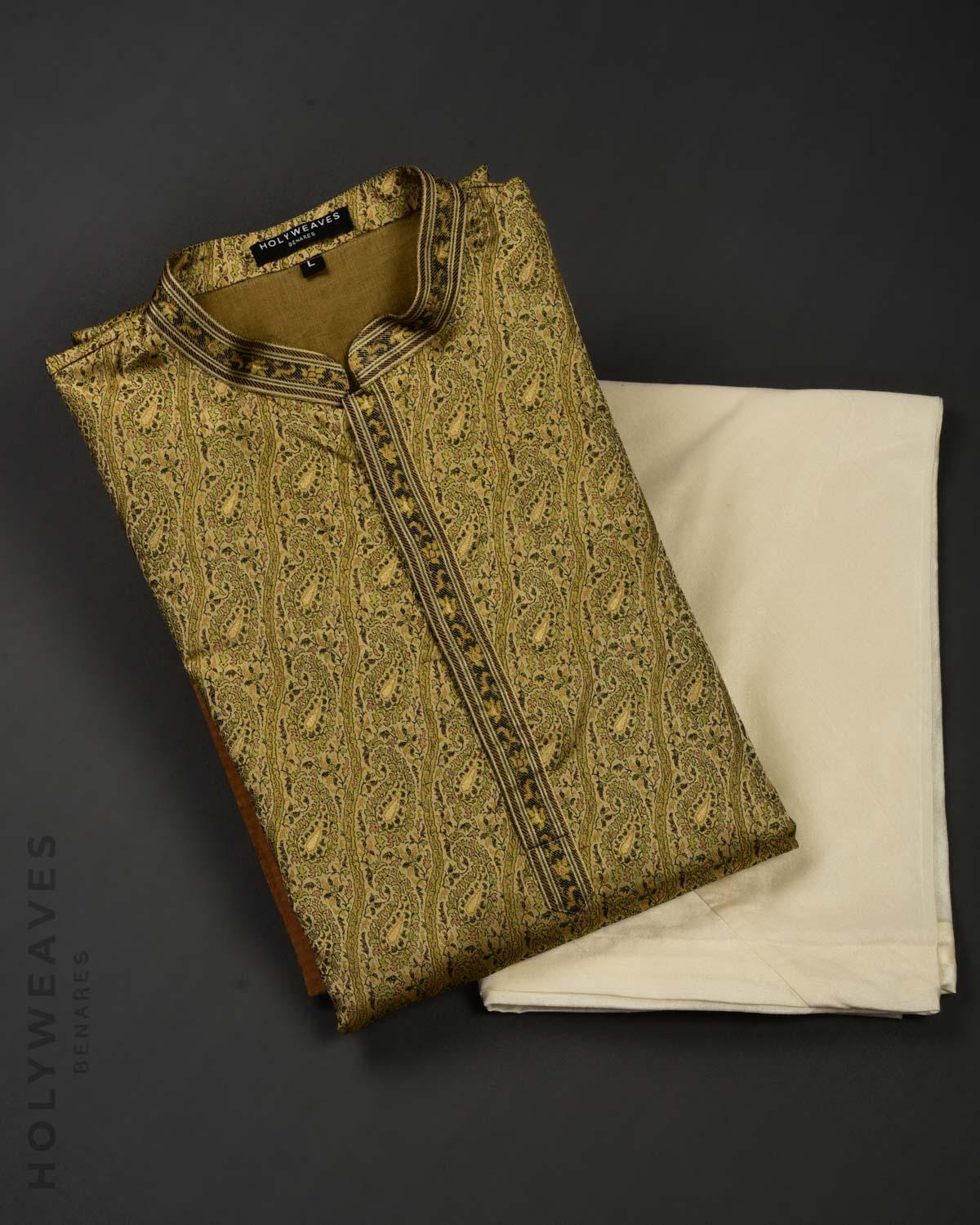 Beige Banarasi Jamawar Brocade Handwoven Katan Silk Mens Kurta Pyjama with Zari Accents - By HolyWeaves, Benares