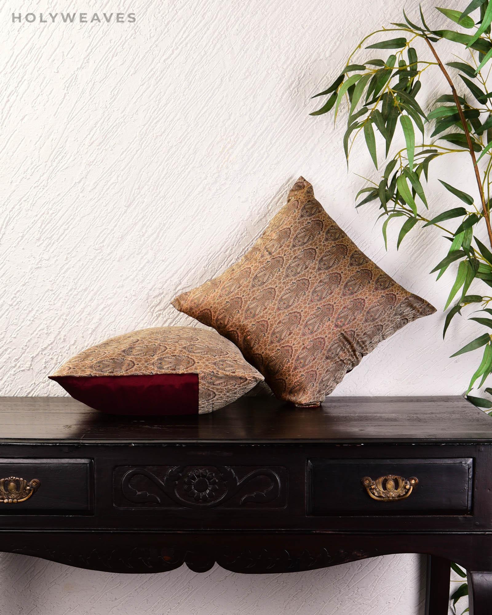 Beige Banarasi Jamawar Poly Silk Cushion Cover 16" - By HolyWeaves, Benares