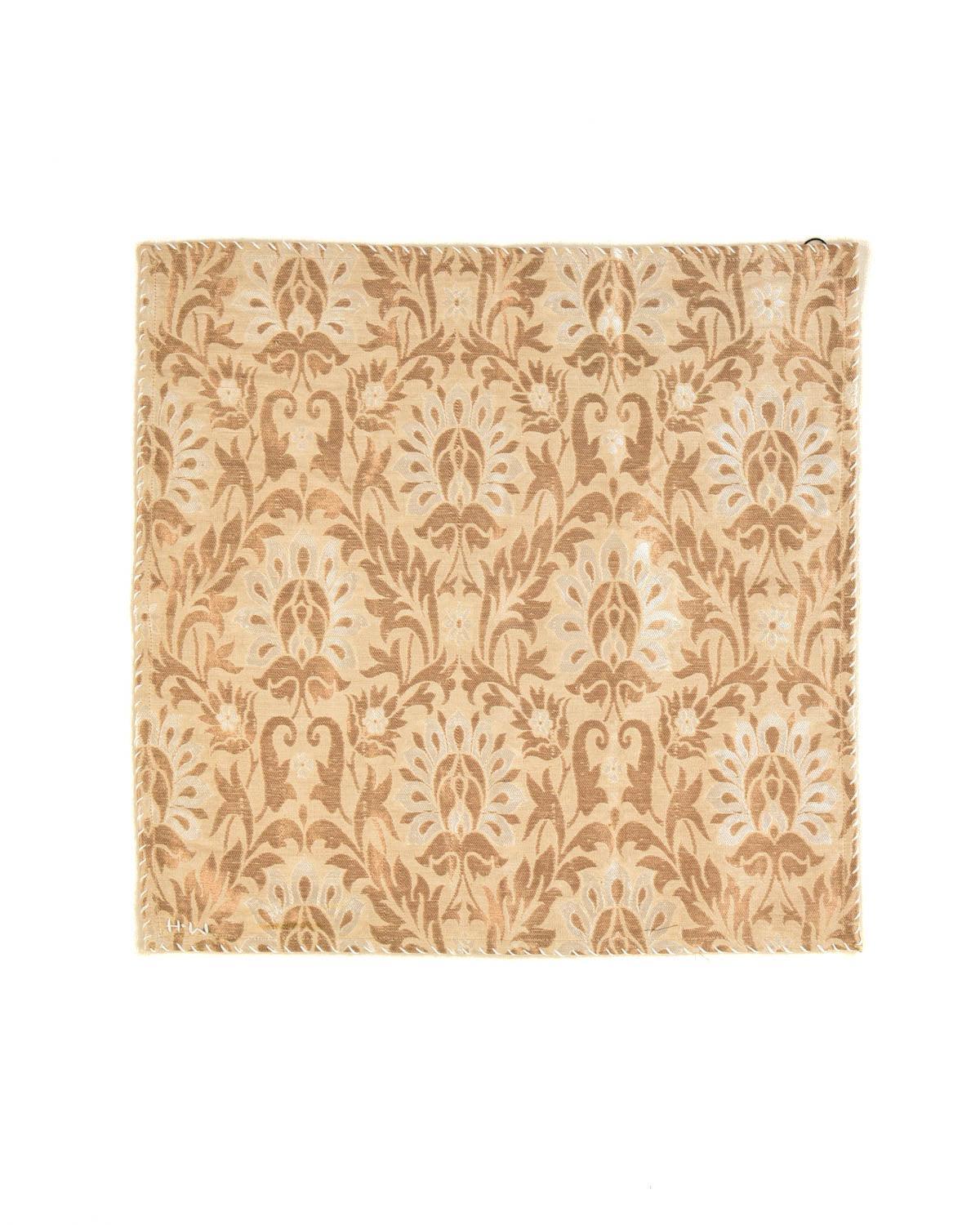 Beige Banarasi Resham & Gold Zari Floral Jaal Brocade Handwoven Muga Silk Pocket Square - By HolyWeaves, Benares