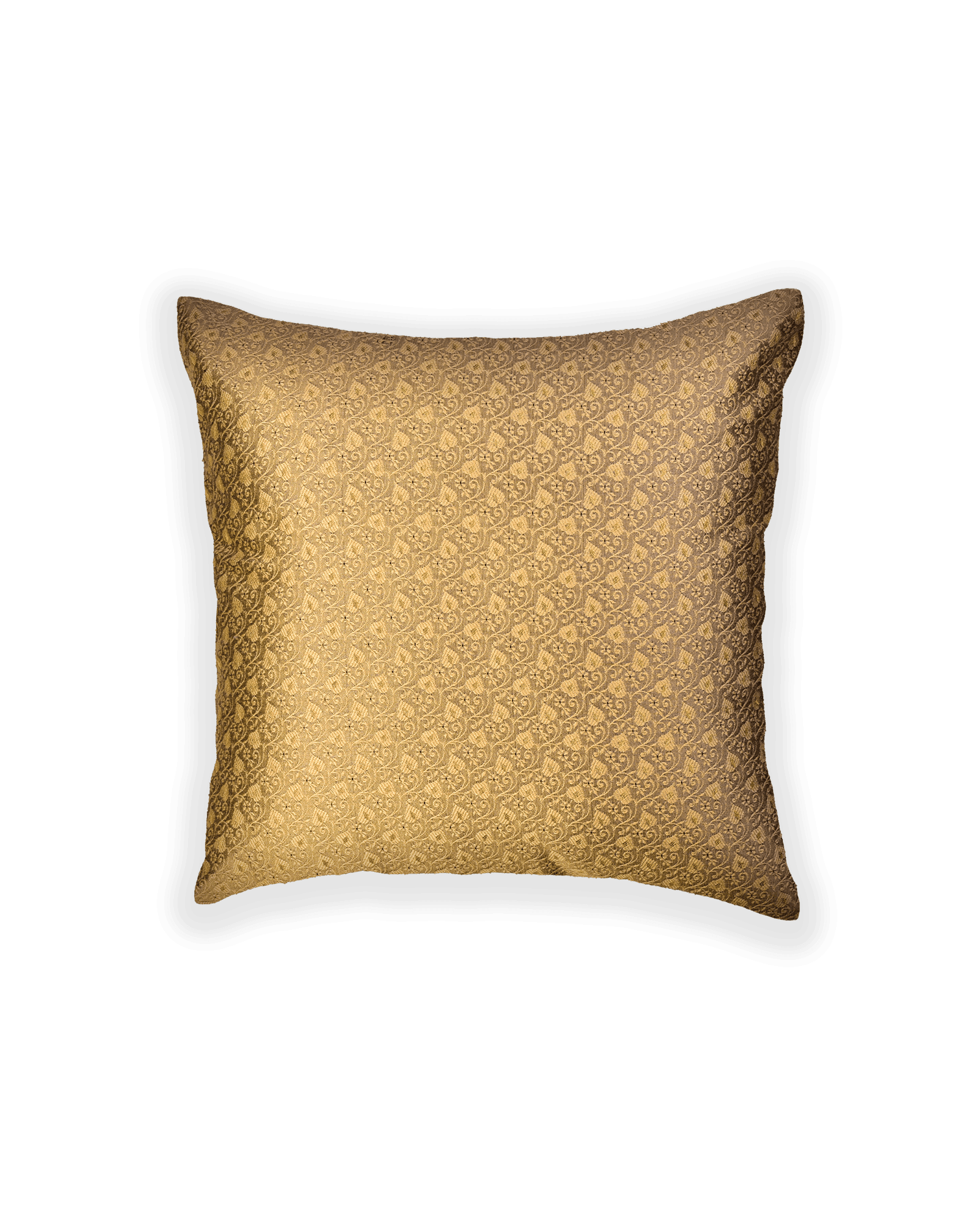 Beige Banarasi Tanchoi Brocade Poly Cotton Cushion Cover 16" - By HolyWeaves, Benares