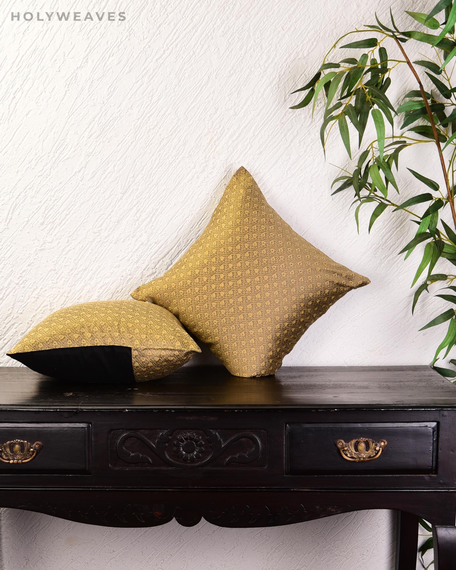 Beige Banarasi Tanchoi Brocade Poly Cotton Cushion Cover 16" - By HolyWeaves, Benares