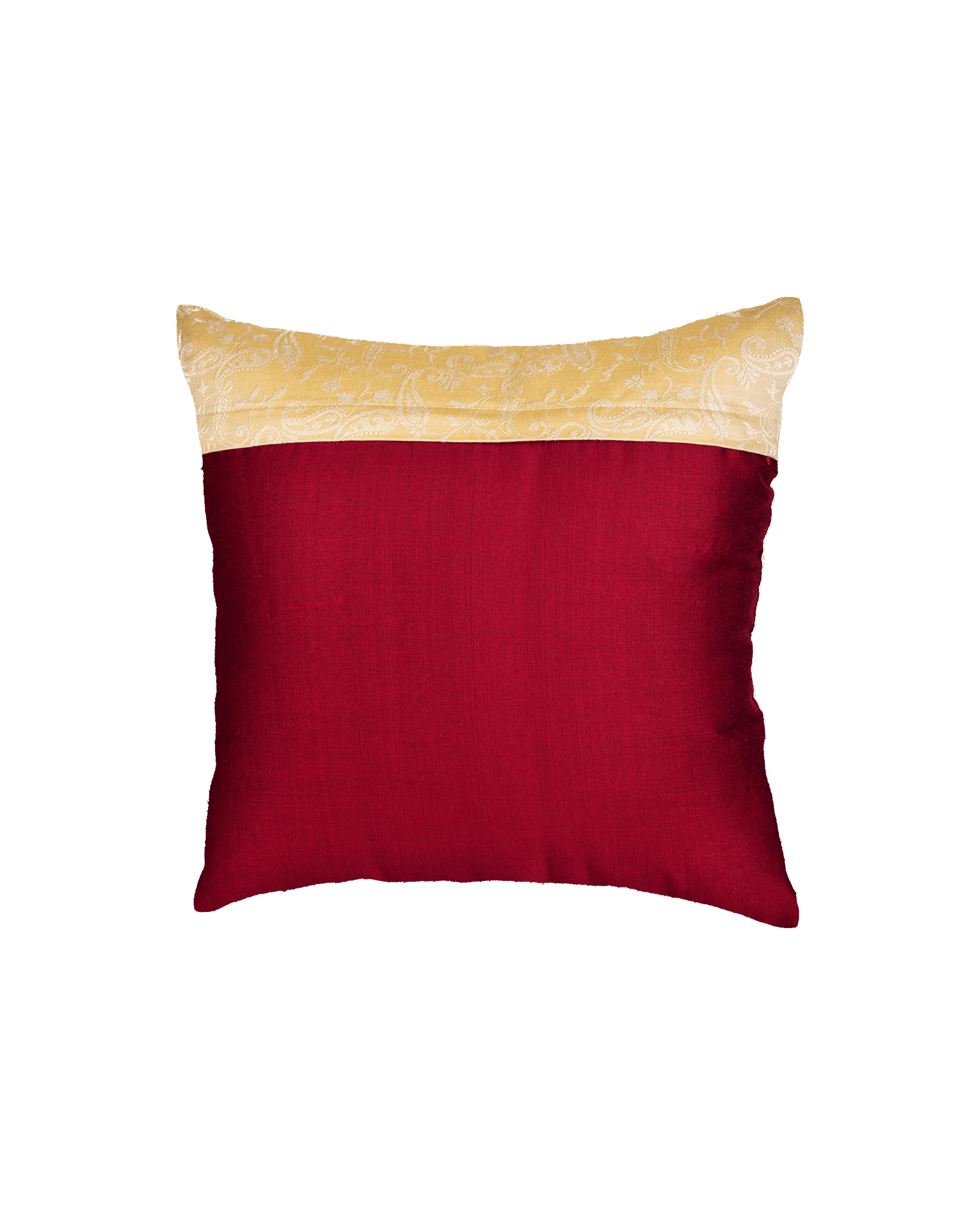 Beige Banarasi Tanchoi Cotton Silk Cushion Cover 16" - By HolyWeaves, Benares
