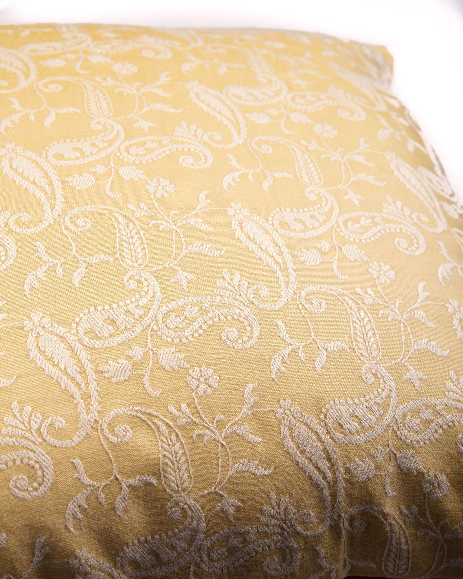 Beige Banarasi Tanchoi Cotton Silk Cushion Cover 16" - By HolyWeaves, Benares