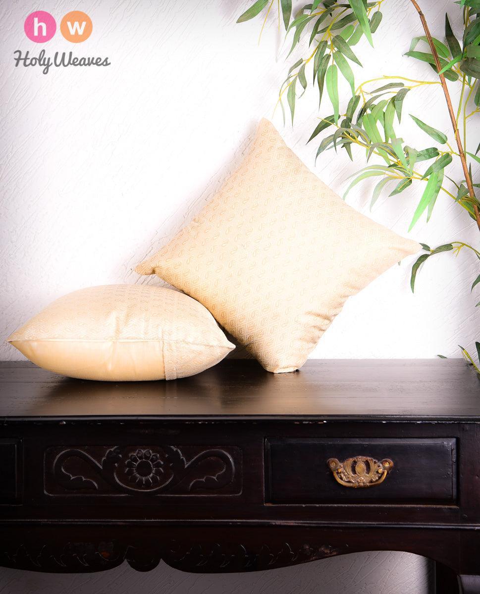 Beige Banarasi Tanchoi Cotton Silk Cushion Cover 16" - By HolyWeaves, Benares