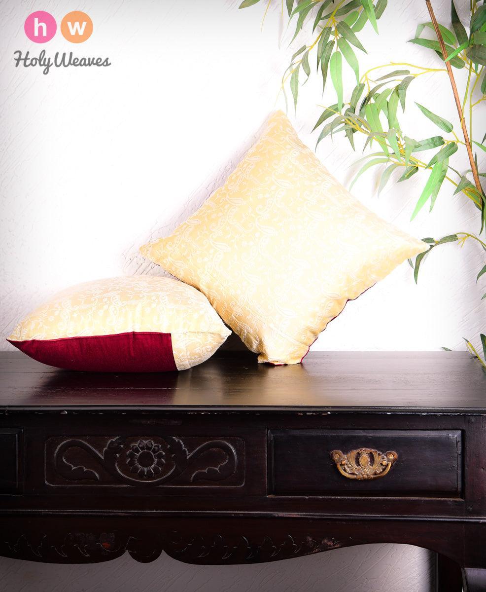 Beige Banarasi Tanchoi Cotton Silk Cushion Cover 16" - By HolyWeaves, Benares