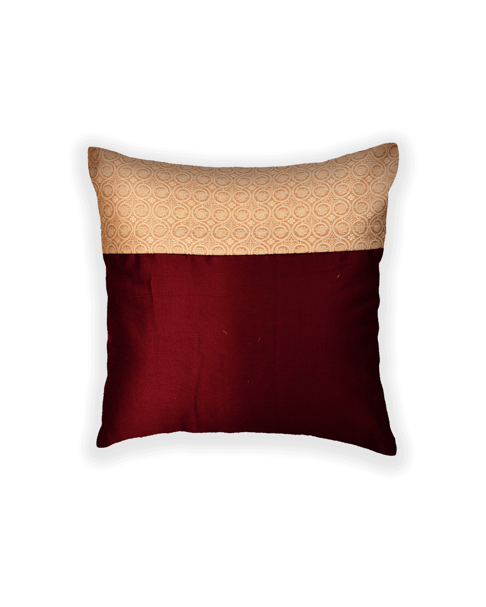 Beige Banarasi Tanchoi Poly Cotton Cushion Cover 16" - By HolyWeaves, Benares