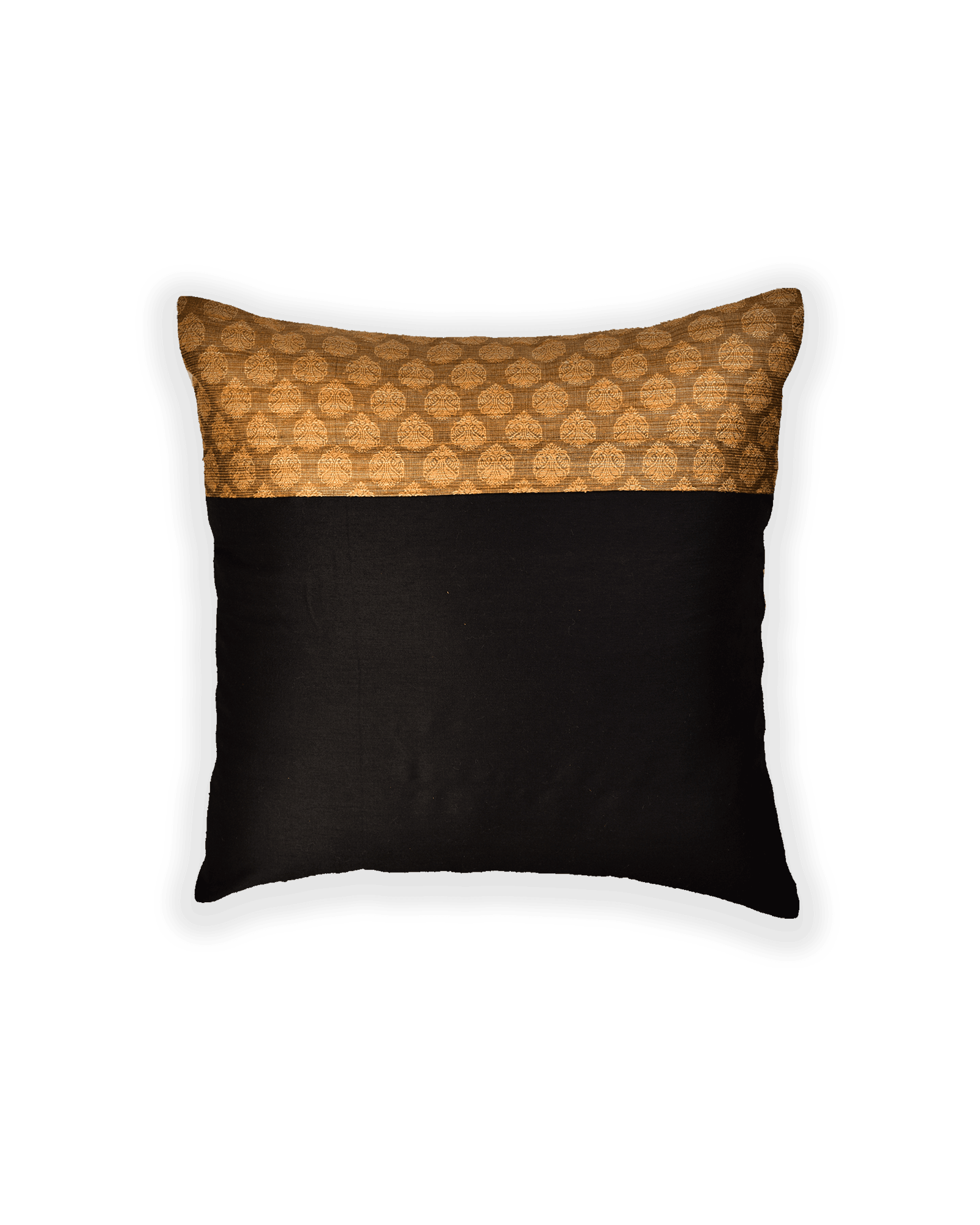 Beige Banarasi Tanchoi Poly Cotton Cushion Cover 16" - By HolyWeaves, Benares