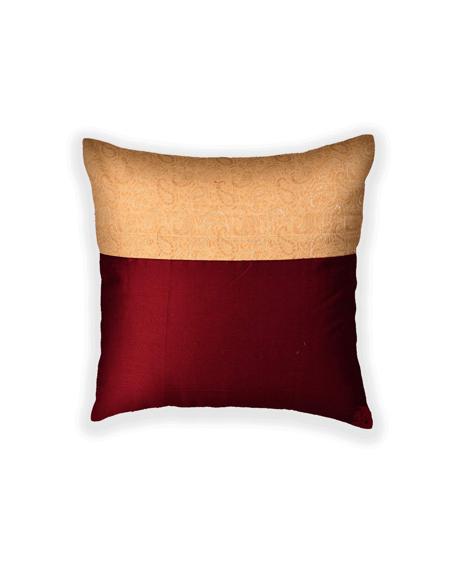 Beige Banarasi Tanchoi Poly Cotton Cushion Cover 16" - By HolyWeaves, Benares