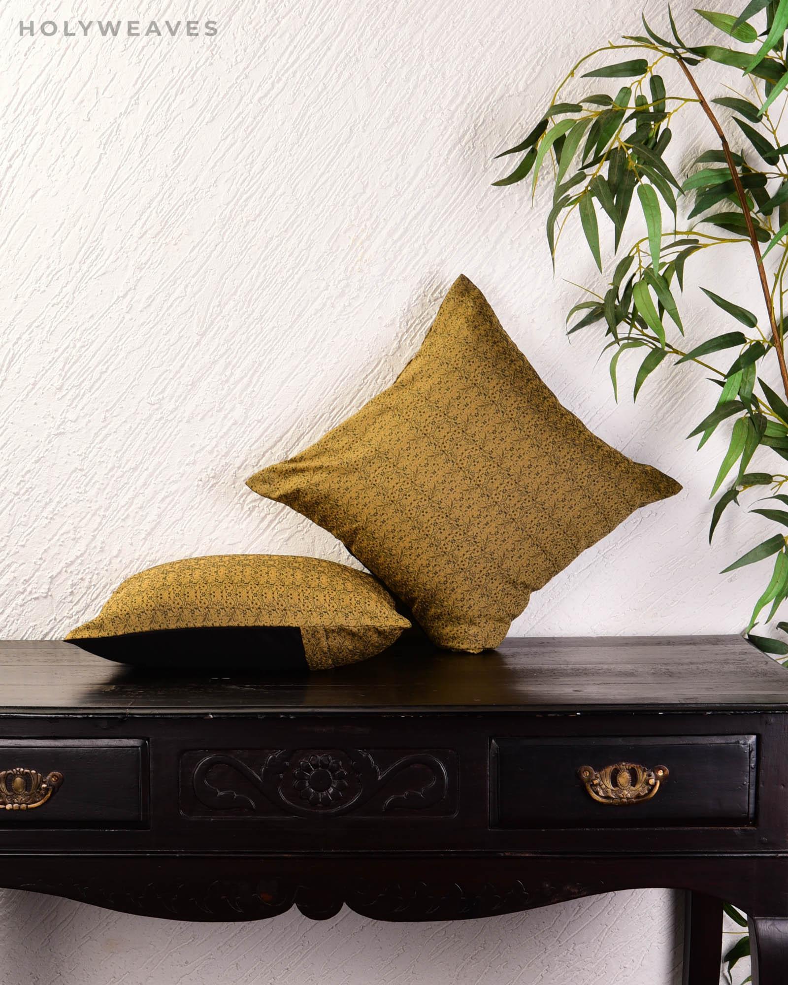 Beige Banarasi Tanchoi Poly Cotton Cushion Cover 16" - By HolyWeaves, Benares