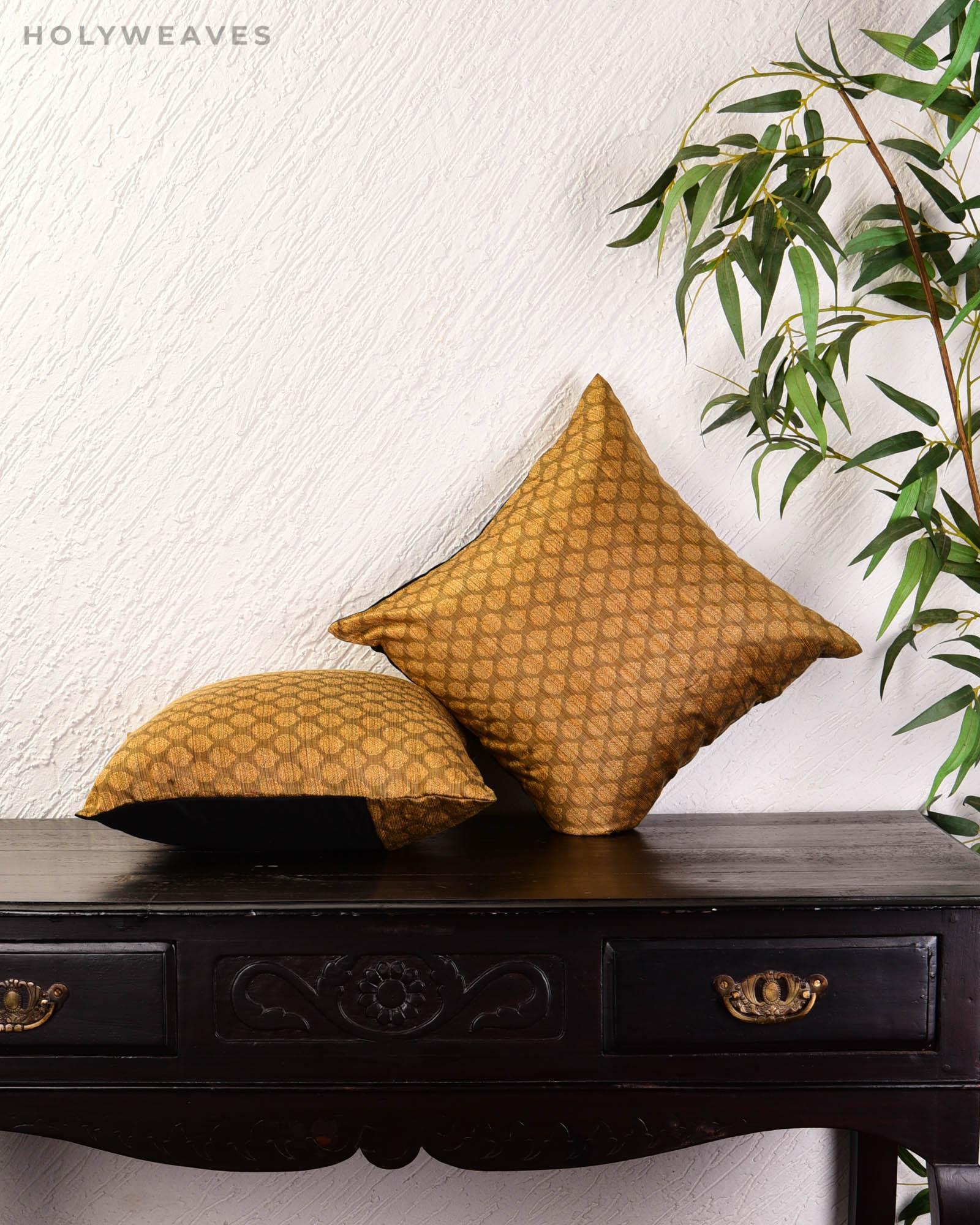 Beige Banarasi Tanchoi Poly Cotton Cushion Cover 16" - By HolyWeaves, Benares