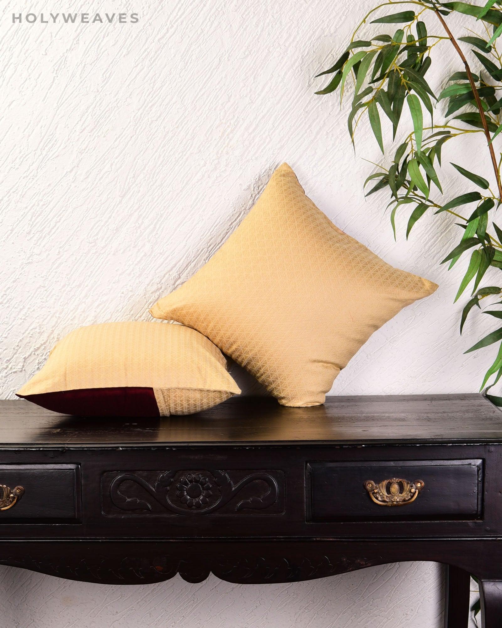 Beige Banarasi Tanchoi Poly Cotton Cushion Cover 16" - By HolyWeaves, Benares