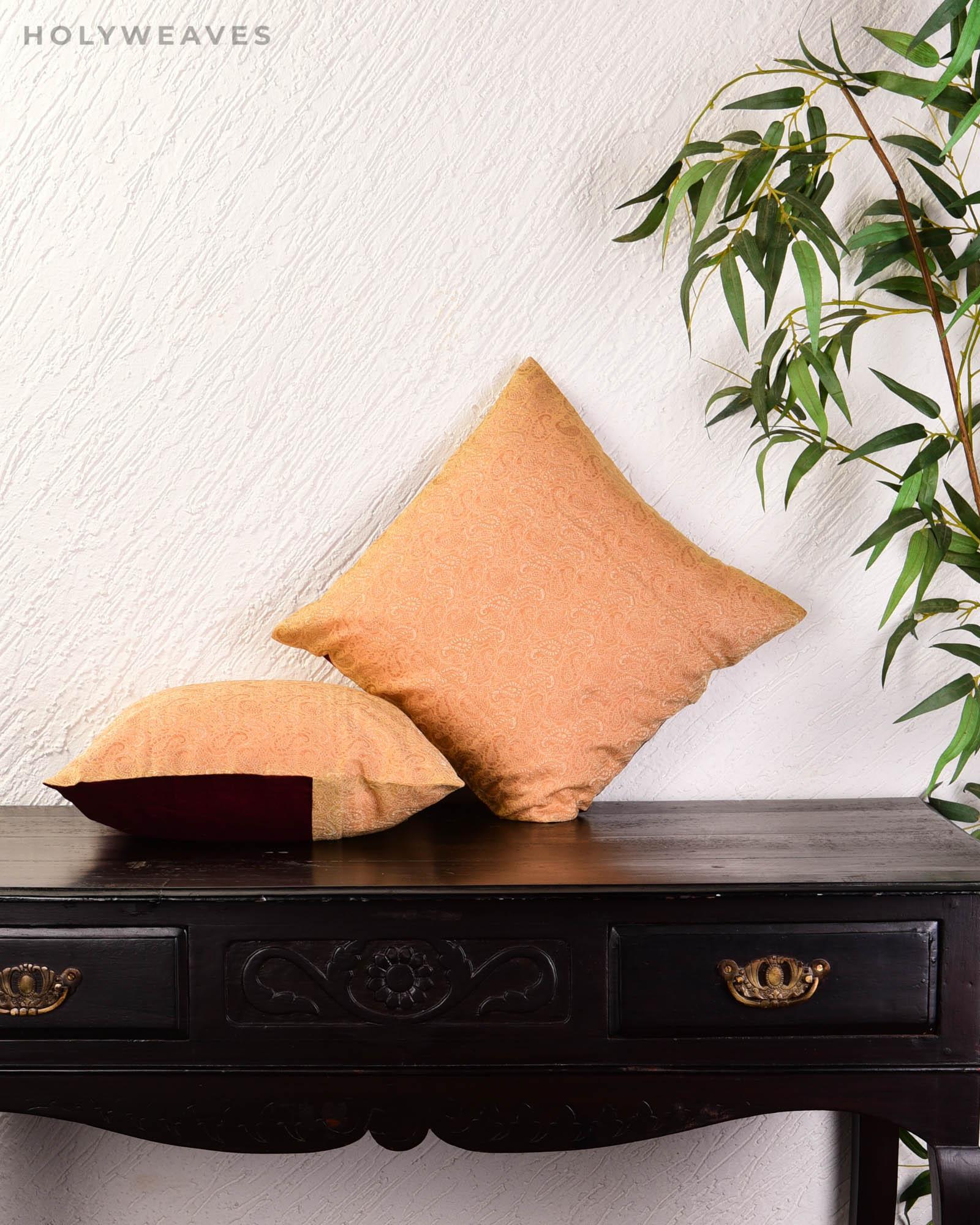 Beige Banarasi Tanchoi Poly Cotton Cushion Cover 16" - By HolyWeaves, Benares