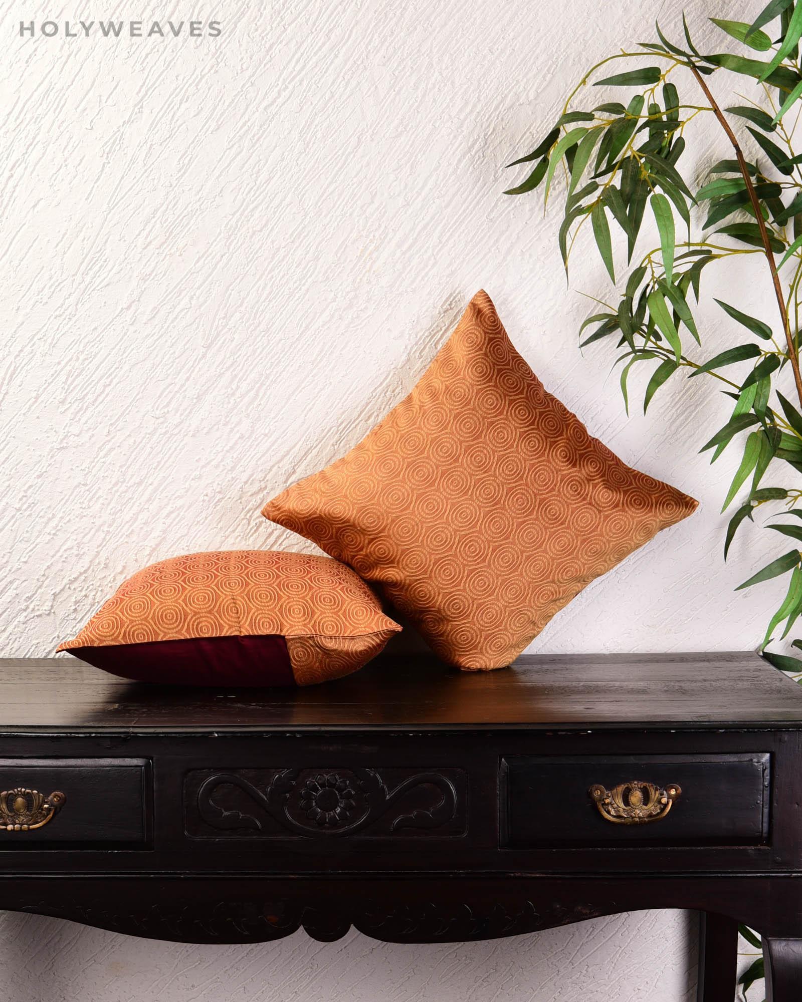 Beige Banarasi Tanchoi Poly Cotton Cushion Cover 16" - By HolyWeaves, Benares