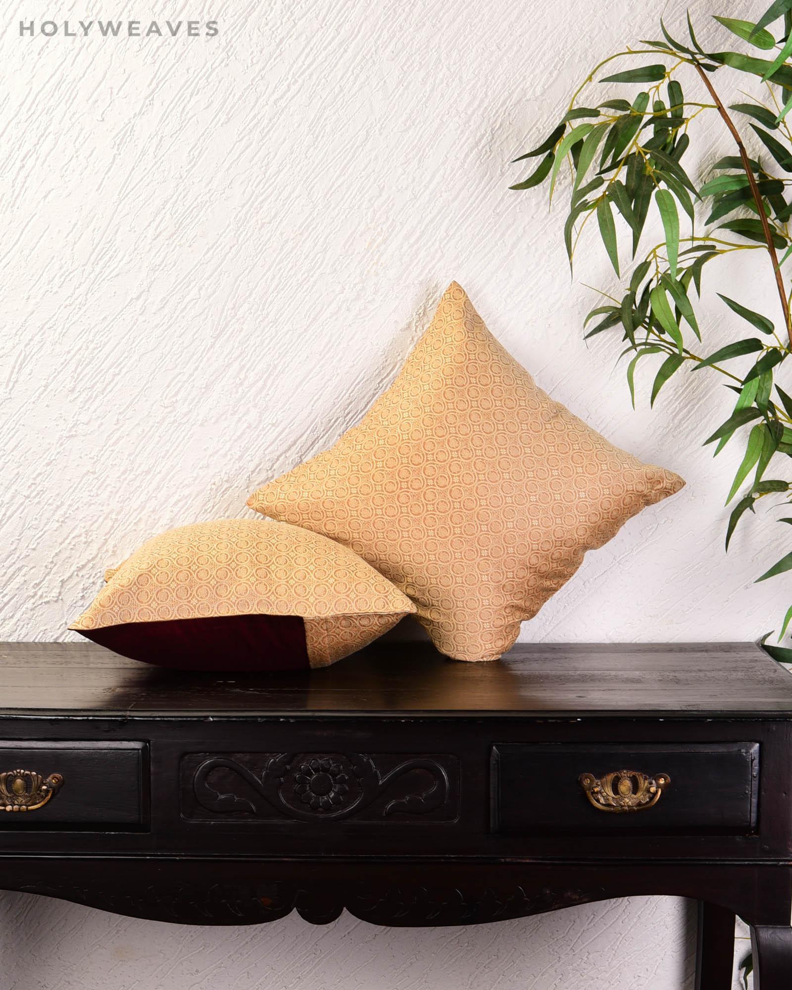 Beige Banarasi Tanchoi Poly Cotton Cushion Cover 16" - By HolyWeaves, Benares