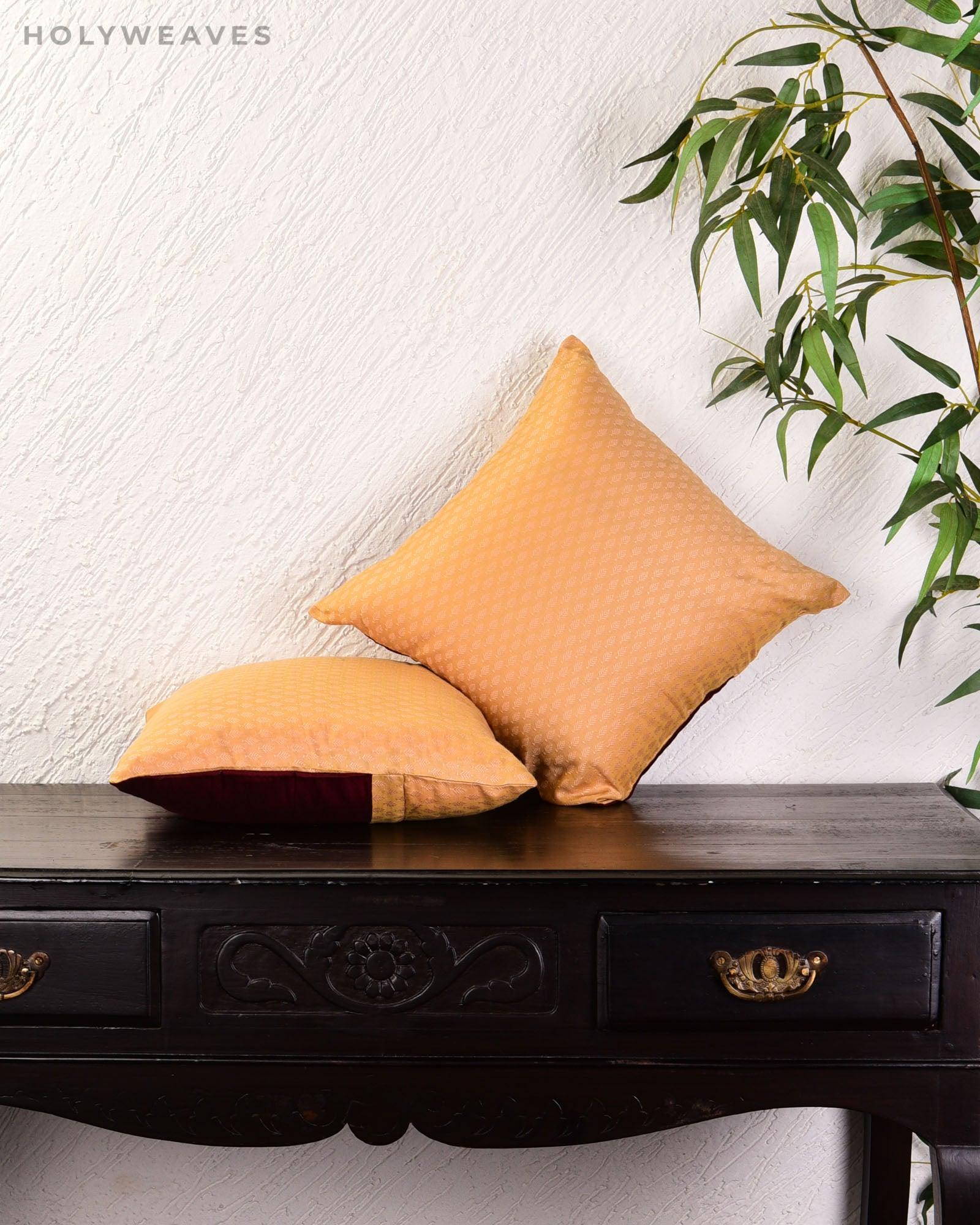 Beige Banarasi Tanchoi Poly Cotton Cushion Cover 16" - By HolyWeaves, Benares