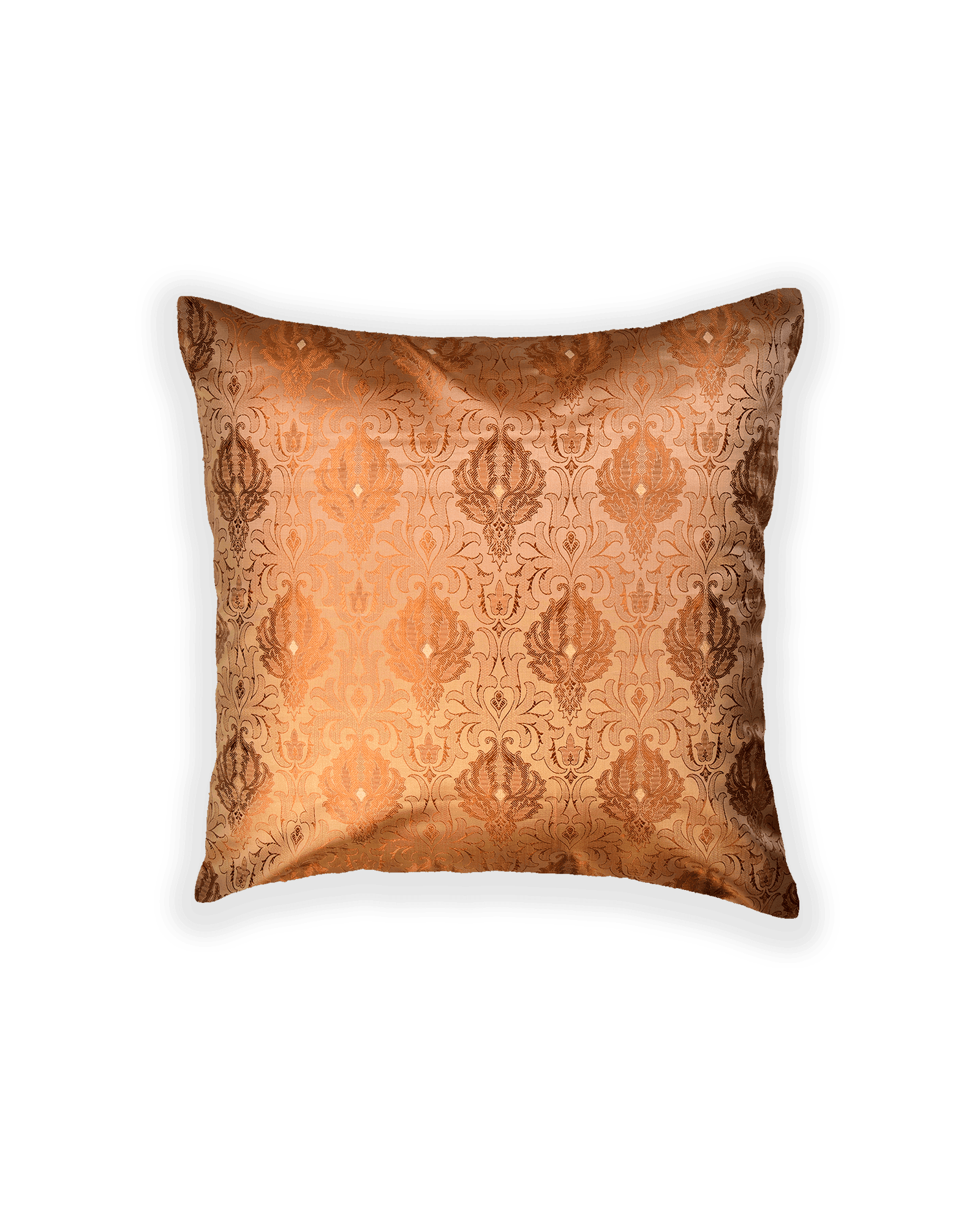 Beige Banarasi Tanchoi Poly Silk Cushion Cover 16" - By HolyWeaves, Benares